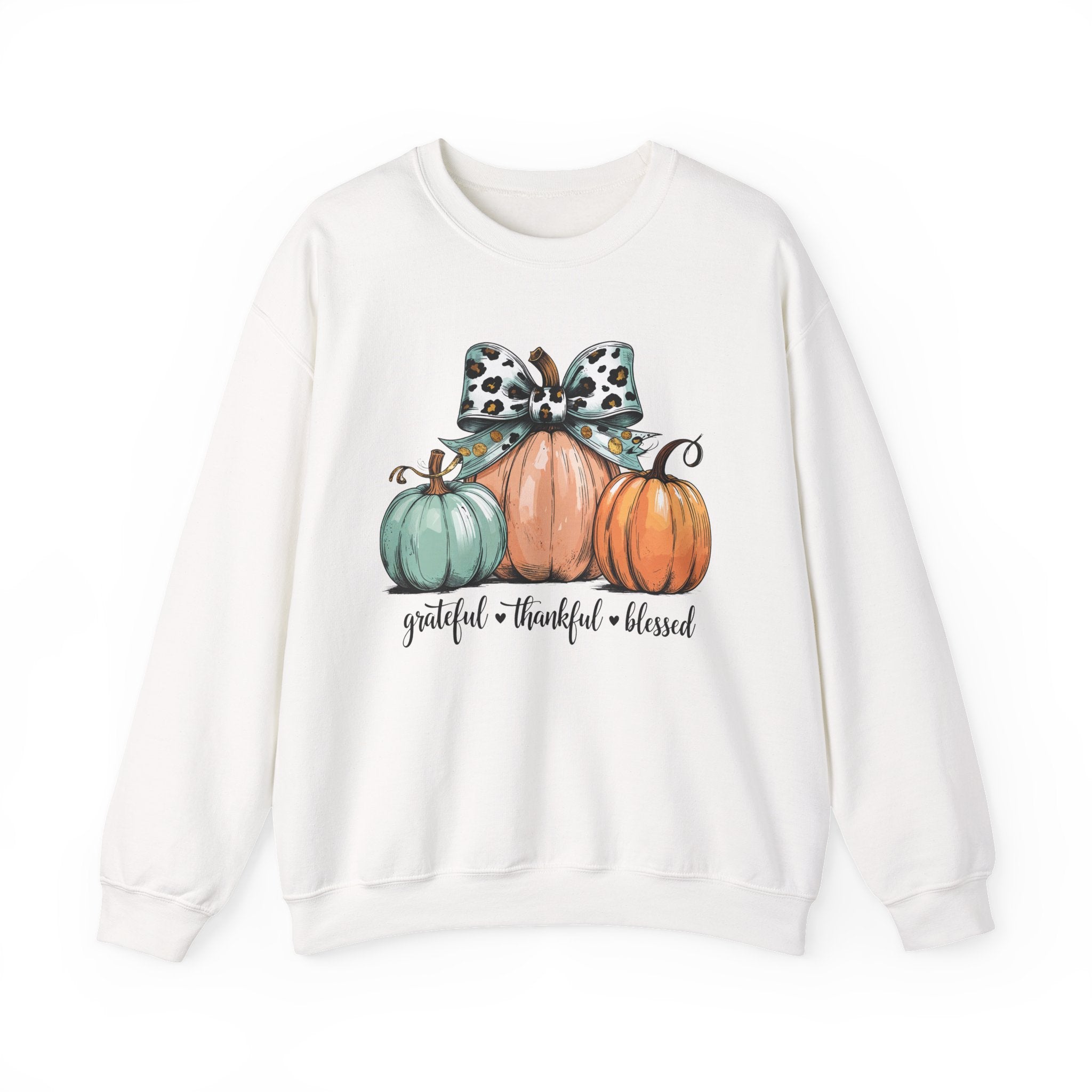 Pumpkin Trio Crewneck Sweatshirt — "Grateful • Thankful • Blessed" Fall Pullover