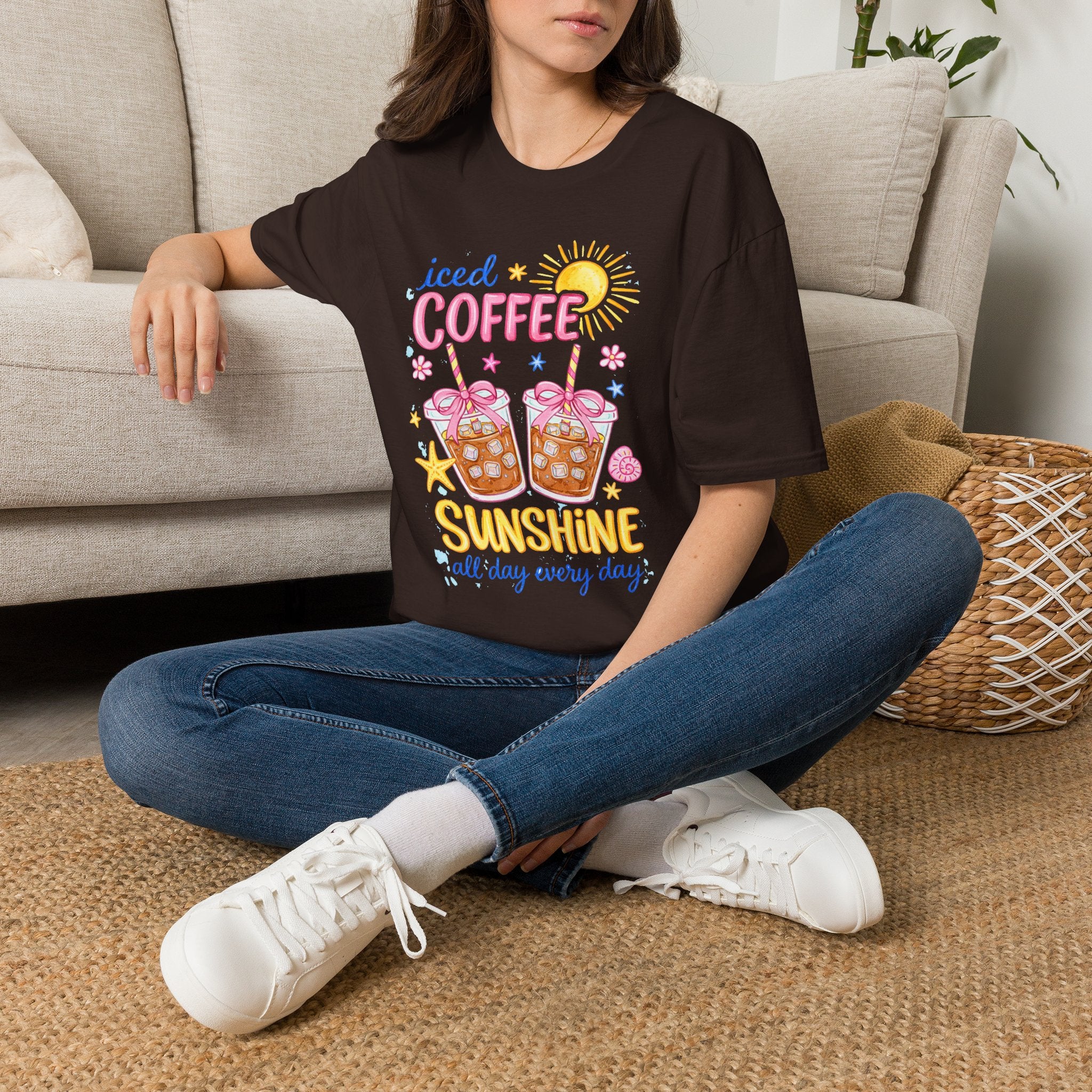 Iced Coffee Sunshine T-Shirt - 'Iced Coffee Sunshine All Day Every Day' Cute Summer Graphic Tee