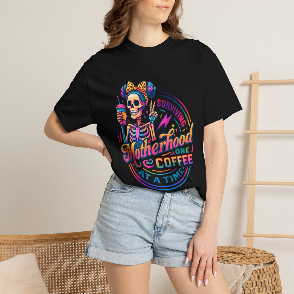 Motherhood One Coffee at a Time T-Shirt — Funny Skeleton Mom Coffee Tee