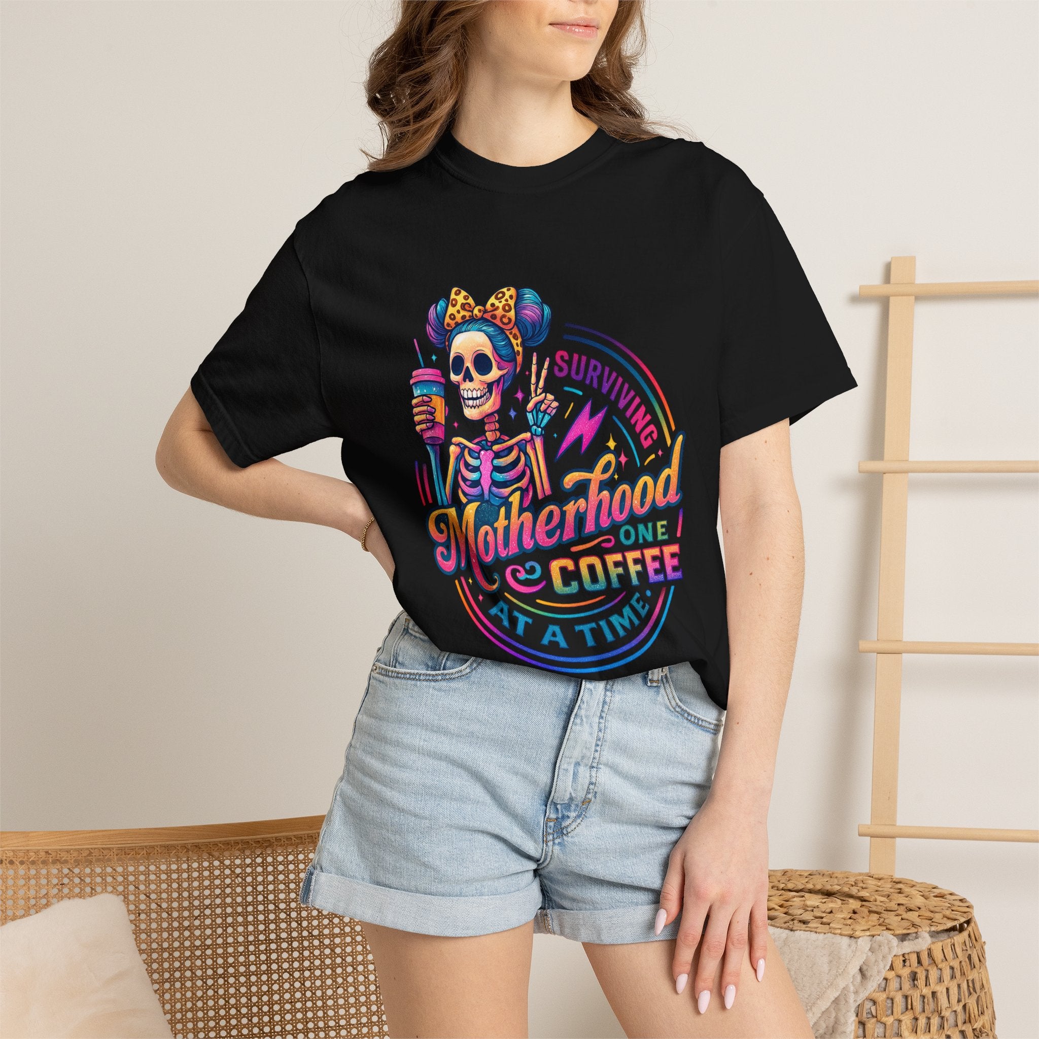 Motherhood One Coffee at a Time T-Shirt — Funny Skeleton Mom Coffee Tee