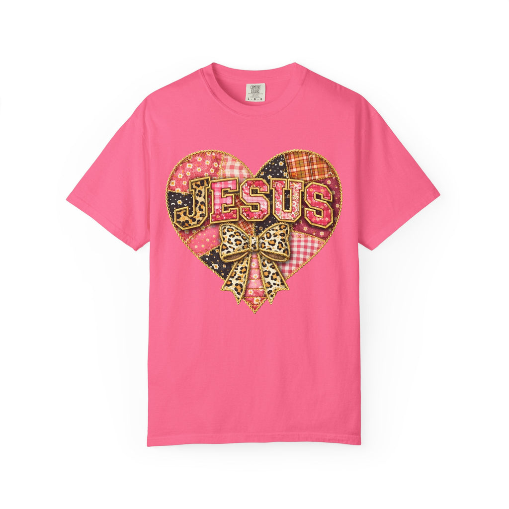 Jesus Heart T-Shirt — Patchwork Heart & Leopard Bow Christian Gospel Tee