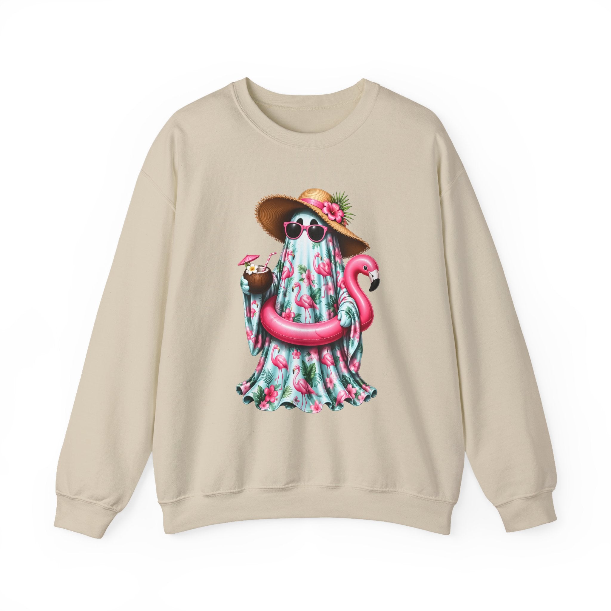 Summer Ghost Beach Sweatshirt - Tropical Flamingo Float & Sun Hat Crewneck