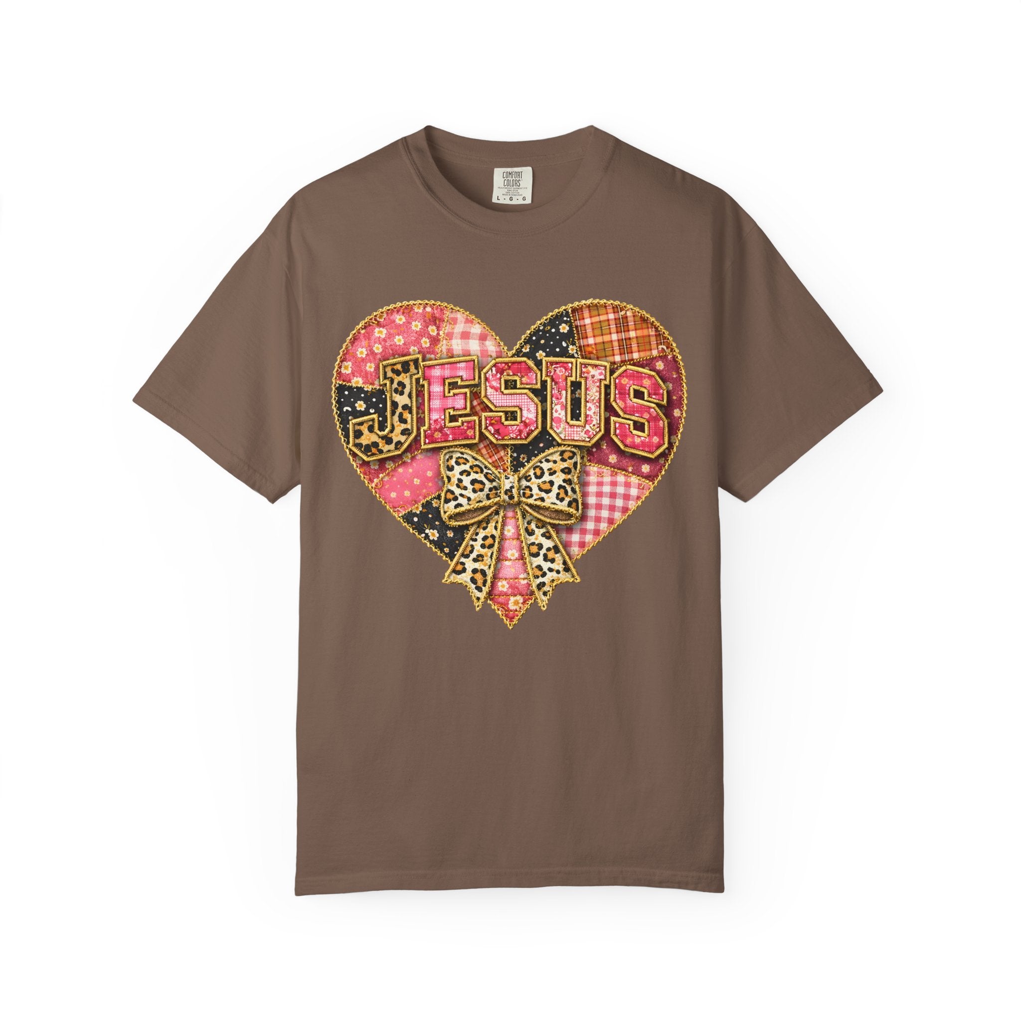 Jesus Heart T-Shirt — Patchwork Heart & Leopard Bow Christian Gospel Tee