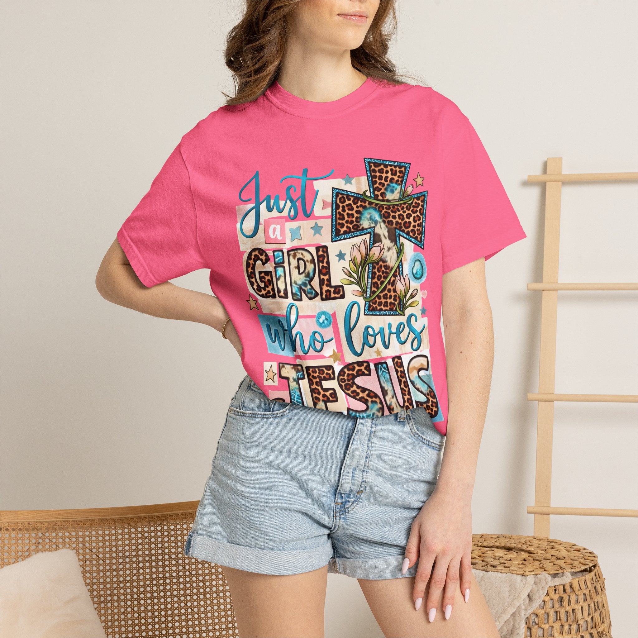 Christian Leopard Cross T-Shirt — "Just a Girl Who Loves Jesus" Graphic