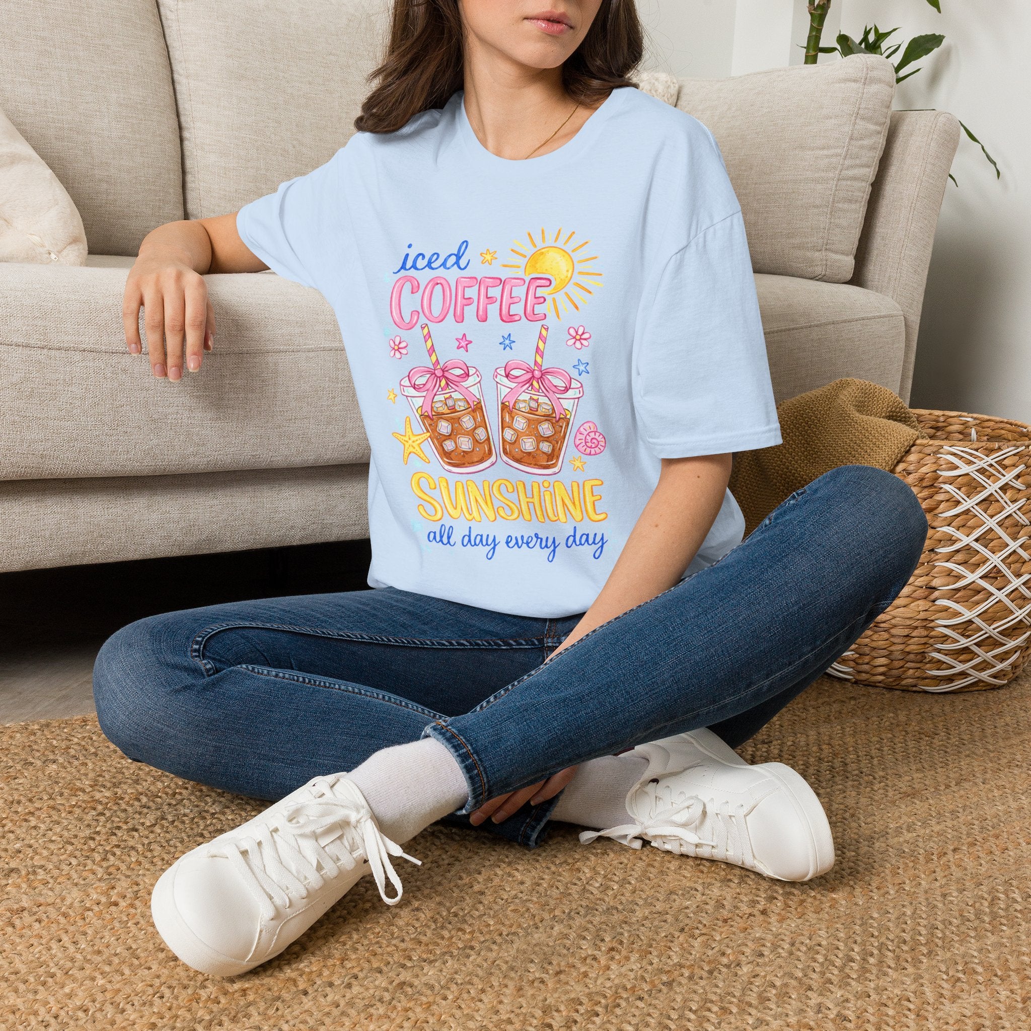Iced Coffee Sunshine T-Shirt - 'Iced Coffee Sunshine All Day Every Day' Cute Summer Graphic Tee