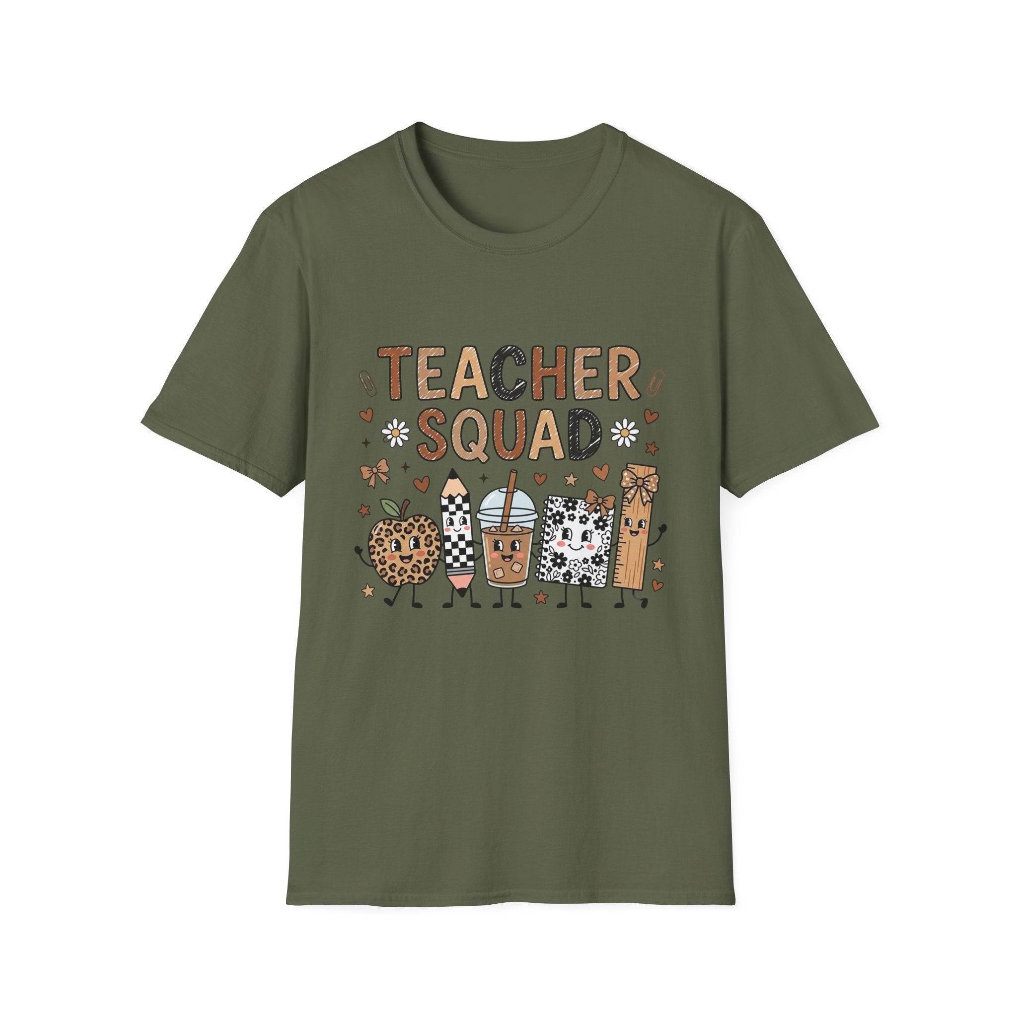 Teacher Squad T-Shirt — Cute Neutral School Staff Tee with Pencils & Doodles