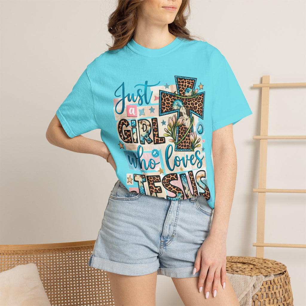 Christian Leopard Cross T-Shirt — "Just a Girl Who Loves Jesus" Graphic