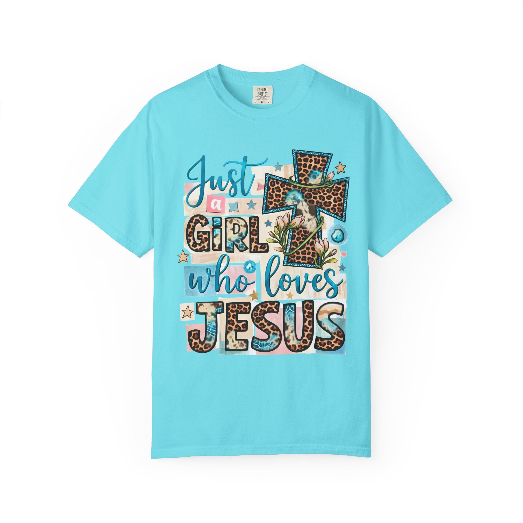 Christian Leopard Cross T-Shirt — "Just a Girl Who Loves Jesus" Graphic