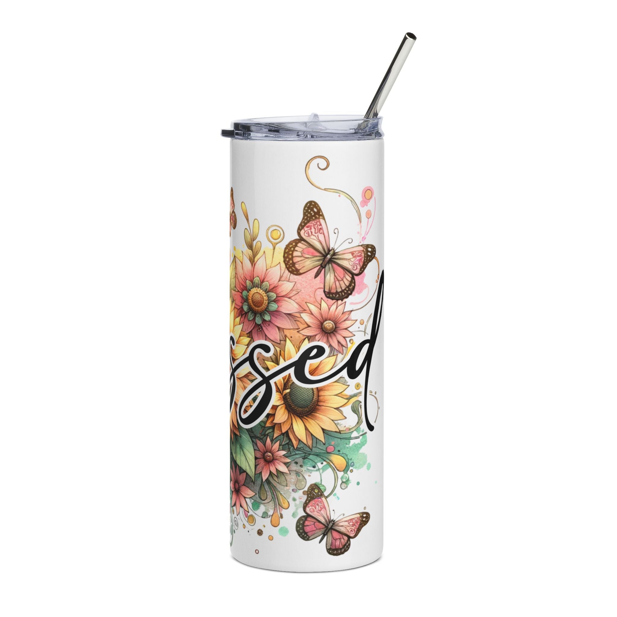 Blessed Floral Stainless Steel Tumbler – 20oz Sunflower & Butterfly Travel Cup