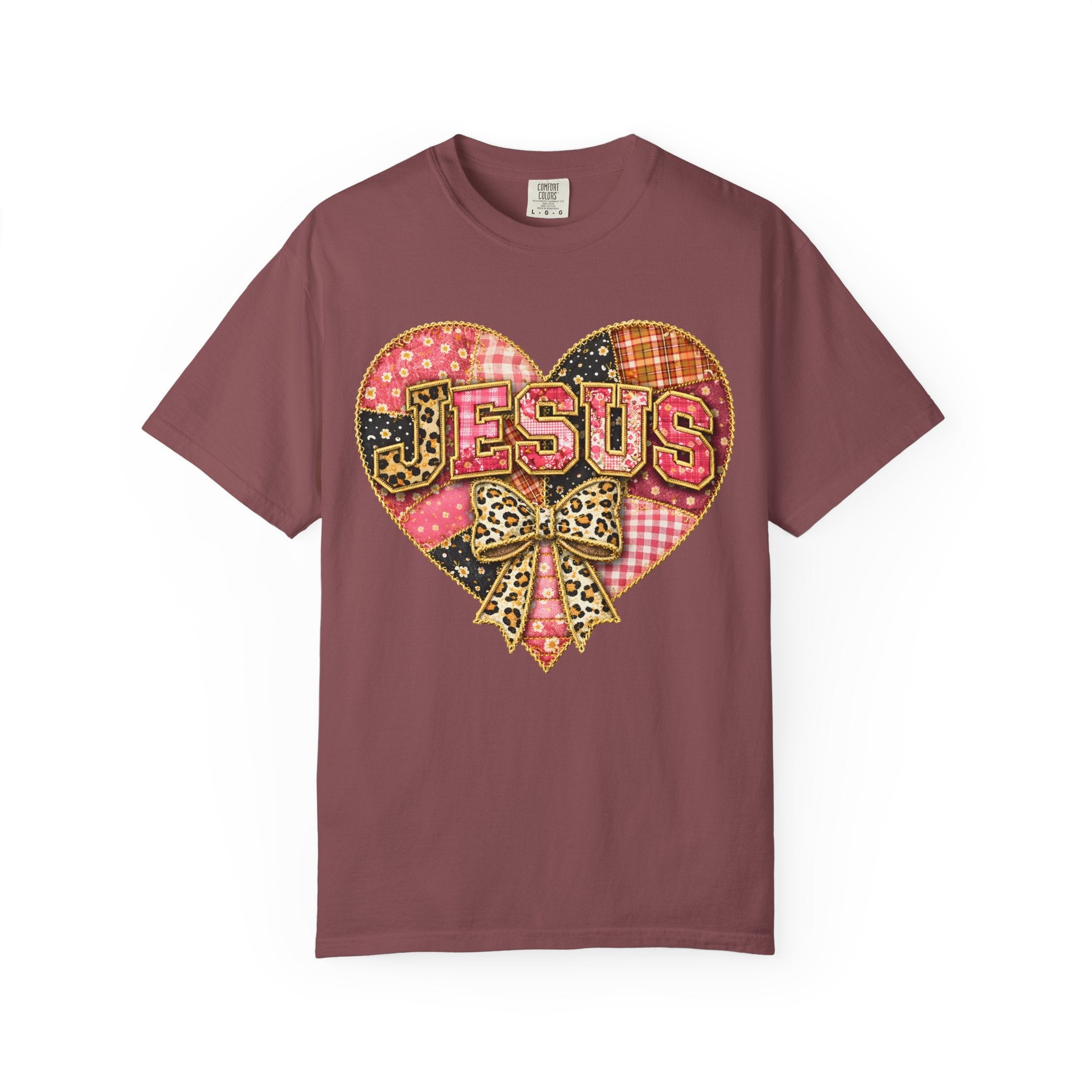 Jesus Heart T-Shirt — Patchwork Heart & Leopard Bow Christian Gospel Tee