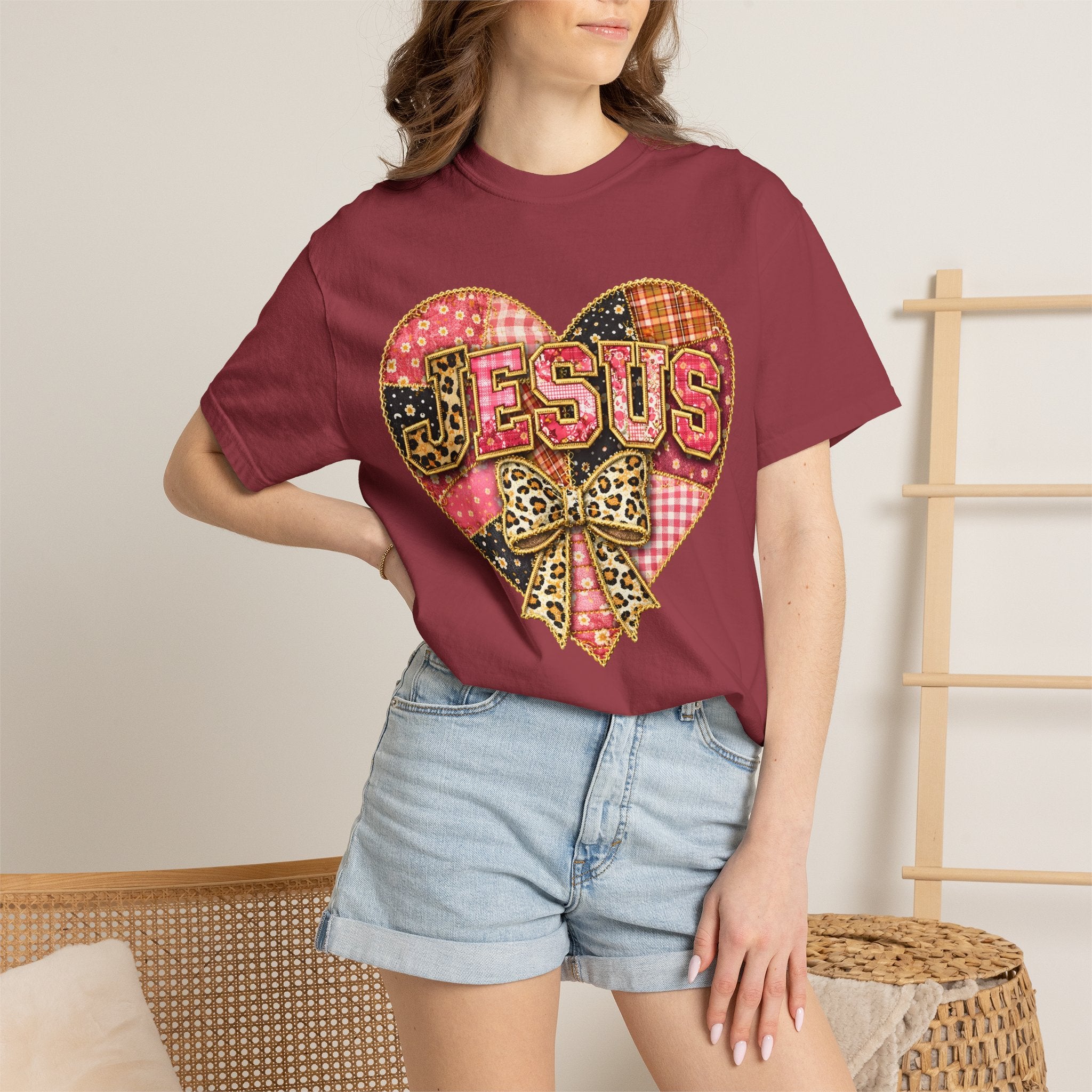 Jesus Heart T-Shirt — Patchwork Heart & Leopard Bow Christian Gospel Tee