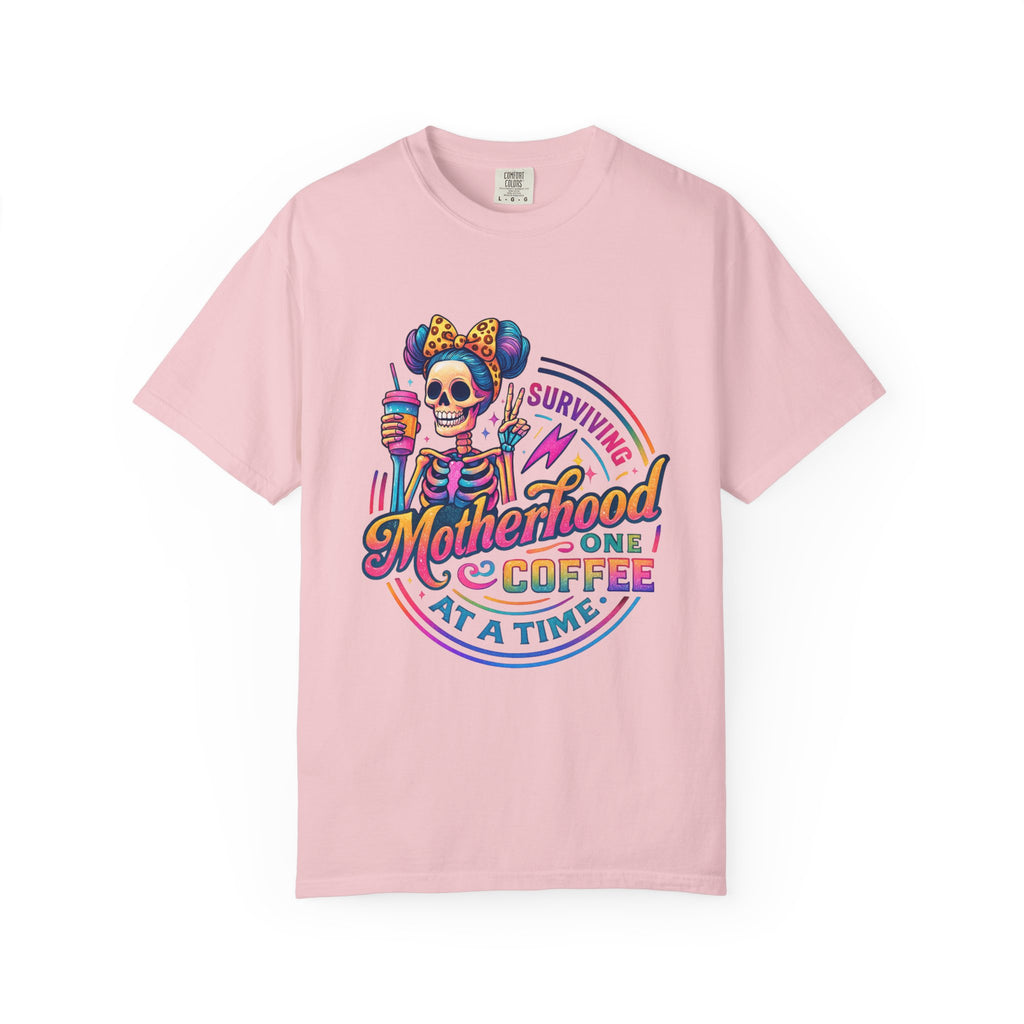 Motherhood One Coffee at a Time T-Shirt — Funny Skeleton Mom Coffee Tee
