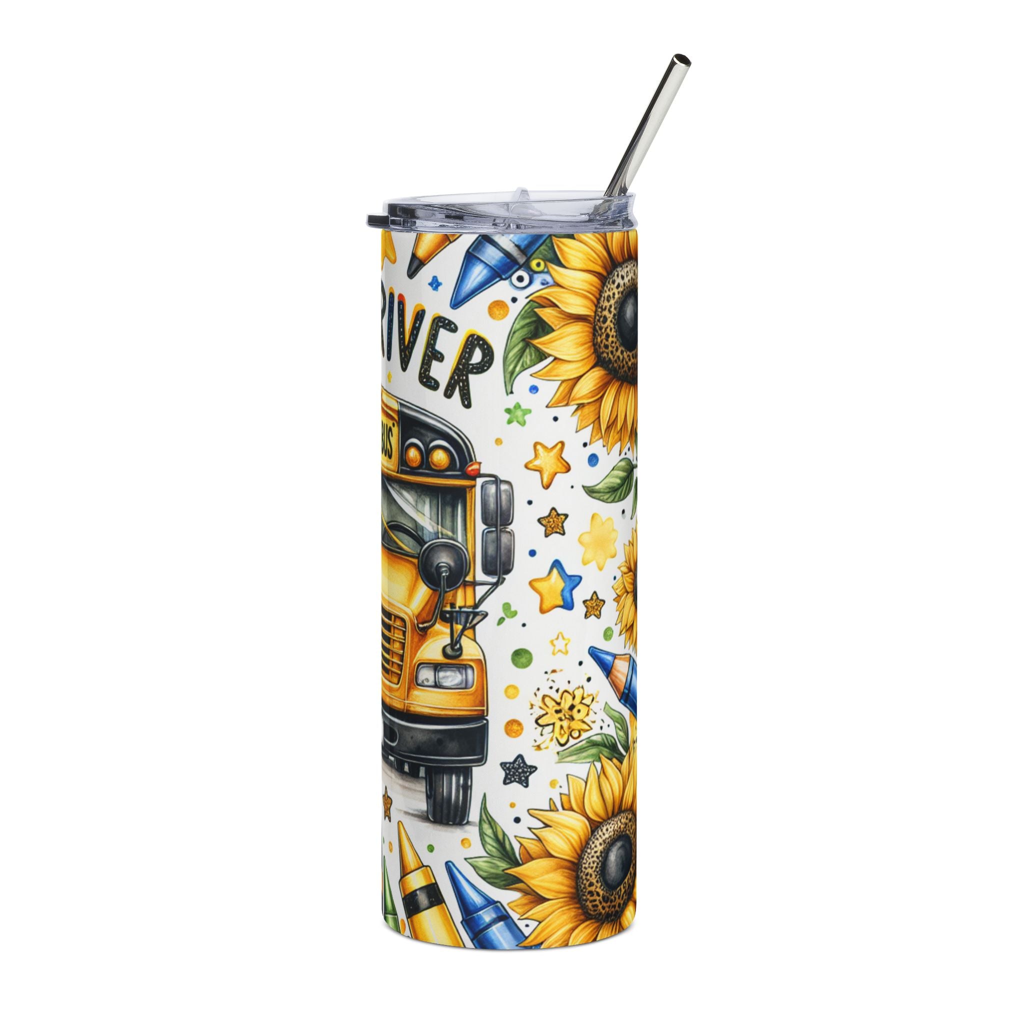 Bus Driver 20oz Stainless Steel Tumbler — Sunflower & School Bus Design