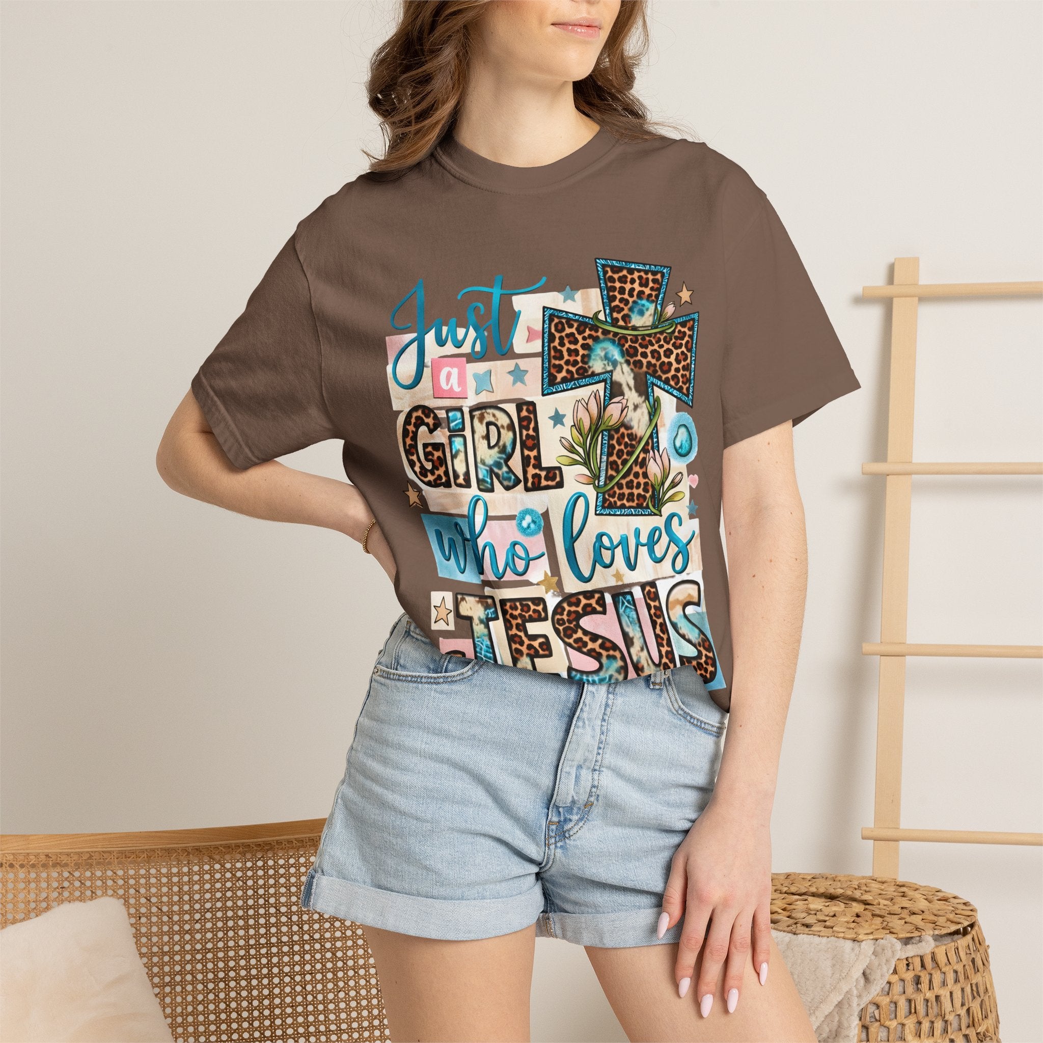 Christian Leopard Cross T-Shirt — "Just a Girl Who Loves Jesus" Graphic