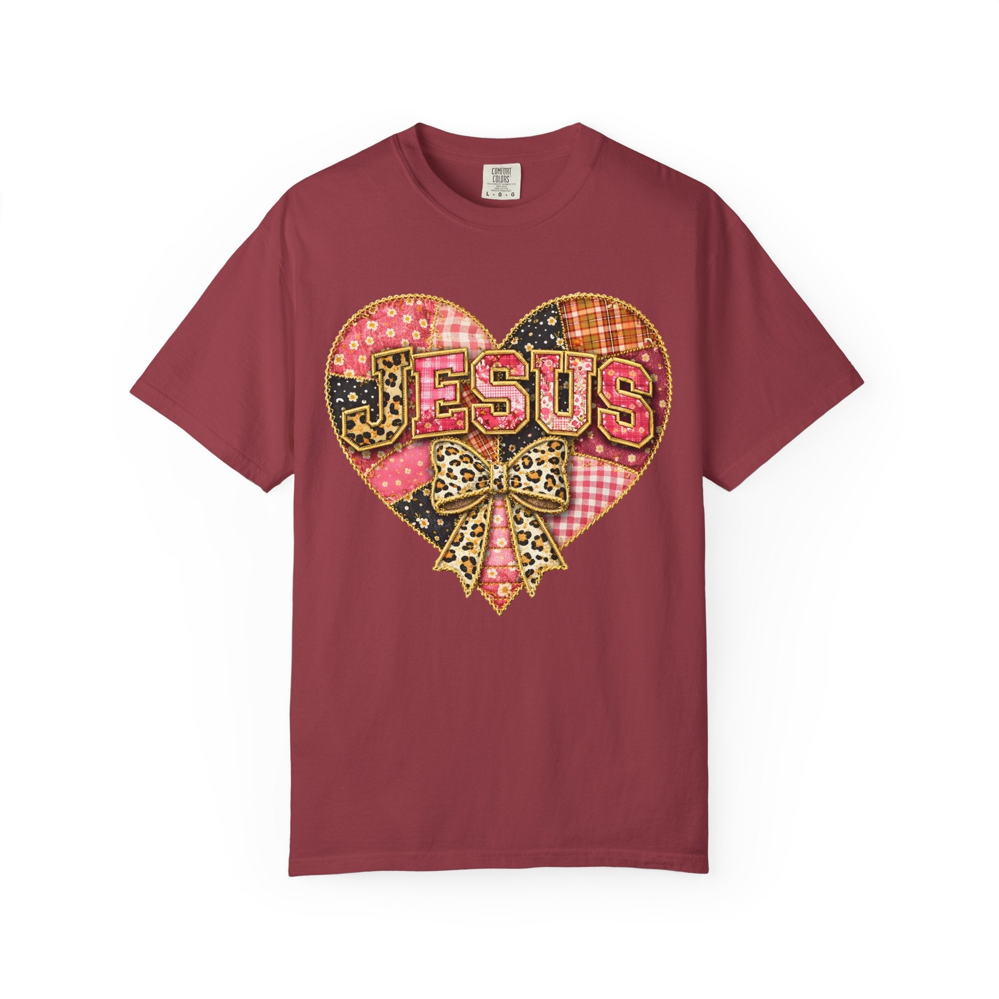 Jesus Heart T-Shirt — Patchwork Heart & Leopard Bow Christian Gospel Tee
