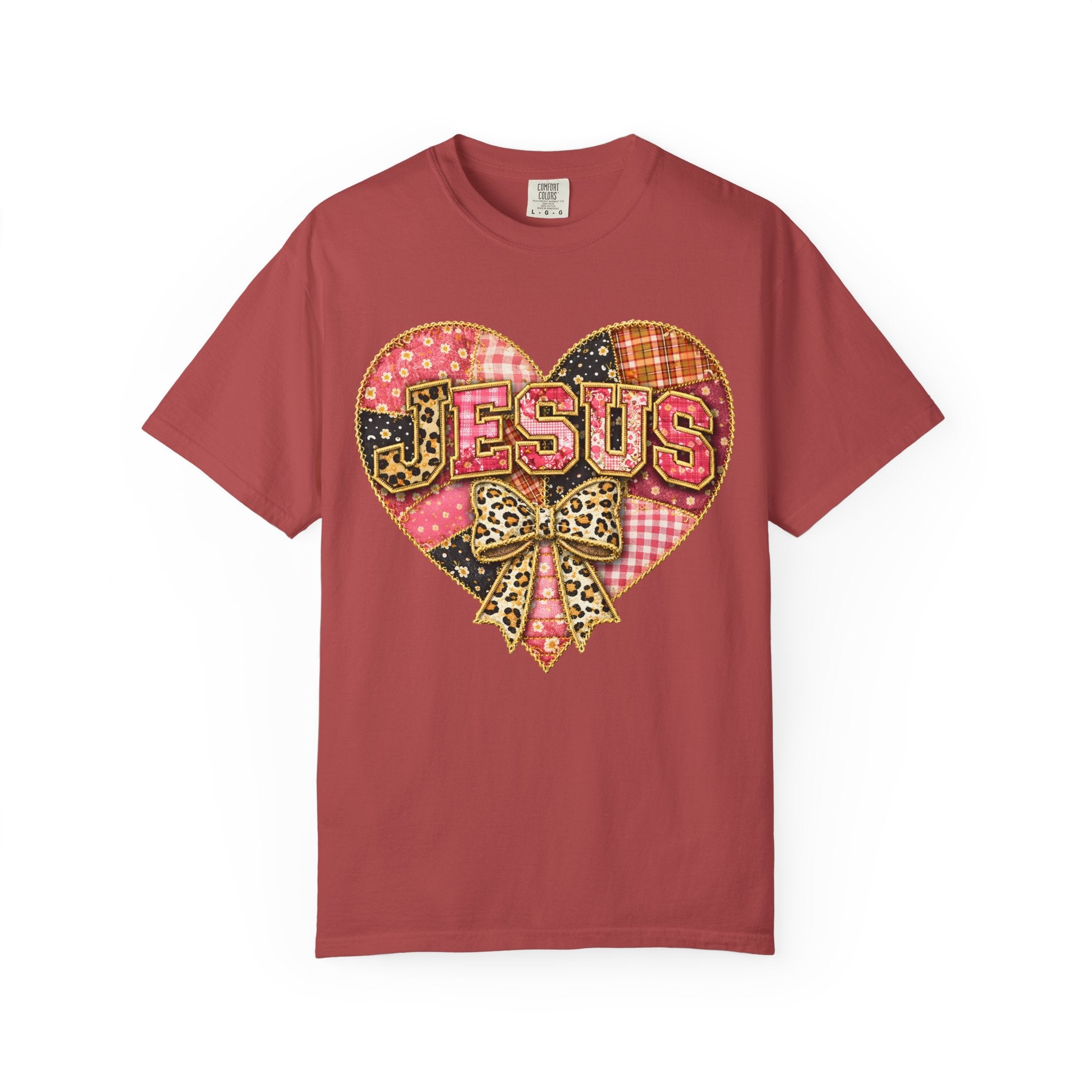 Jesus Heart T-Shirt — Patchwork Heart & Leopard Bow Christian Gospel Tee