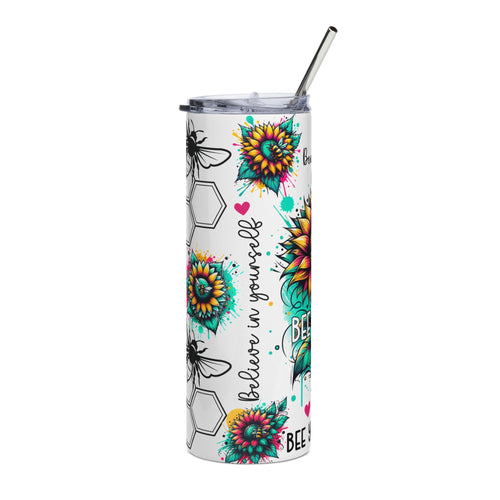 20oz Bee Happy Stainless Steel Tumbler — 'Bee Yourself' Floral Sunflower Design