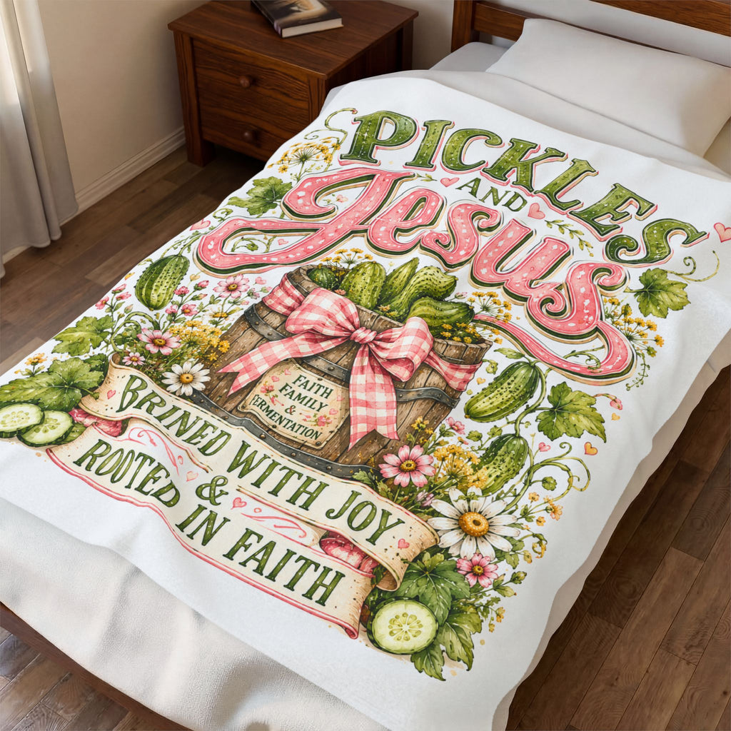 Pickles and Jesus Velveteen Plush Blanket — Brined with Joy, Rooted in Faith