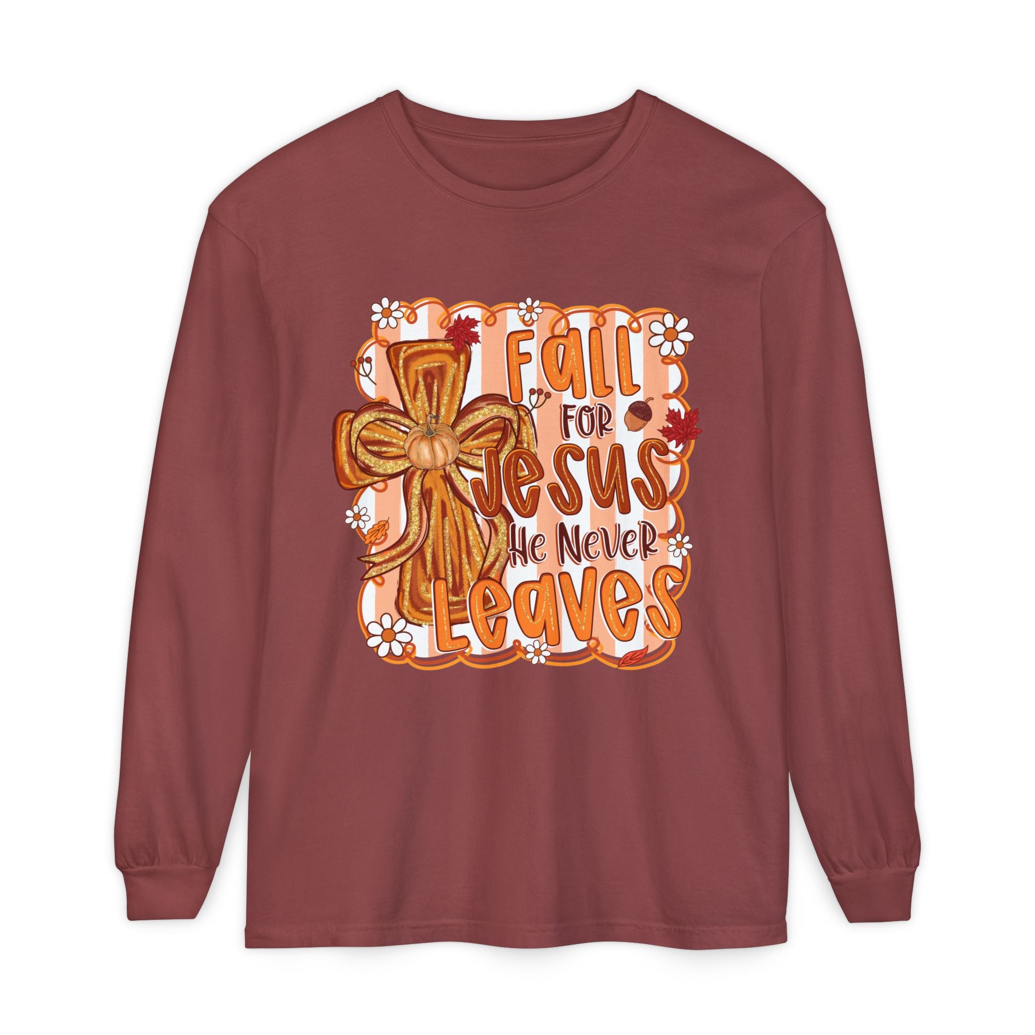 Fall For Jesus He Never Leaves Long Sleeve Tee