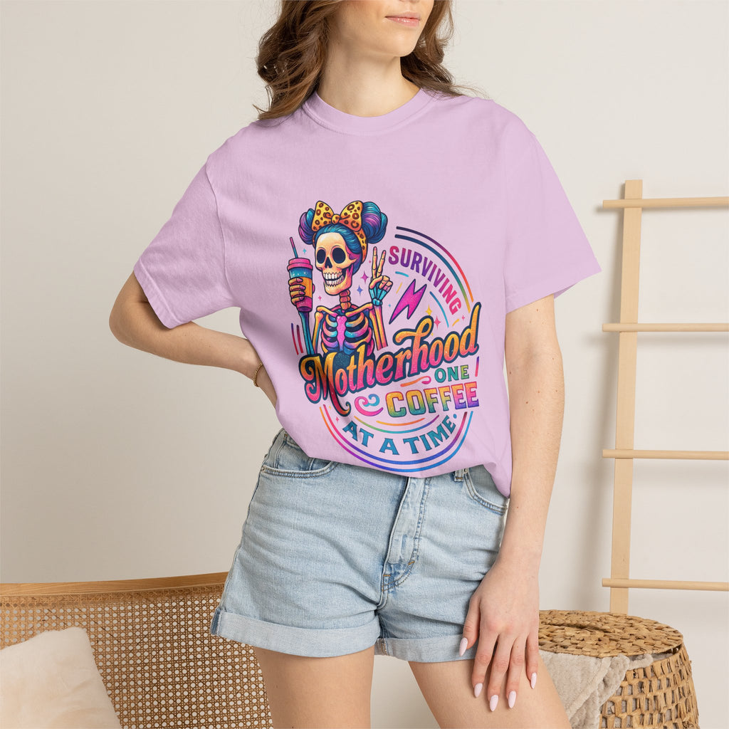 Motherhood One Coffee at a Time T-Shirt — Funny Skeleton Mom Coffee Tee