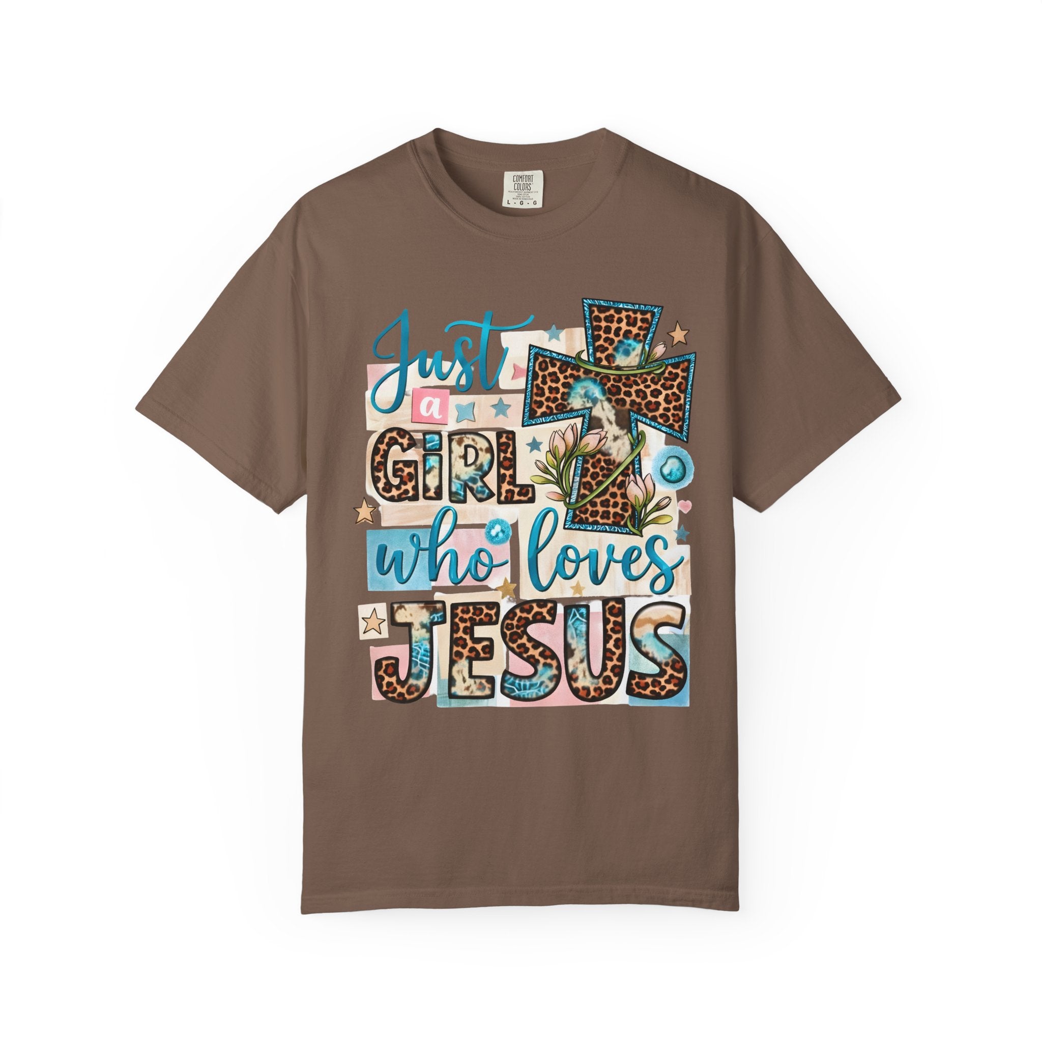 Christian Leopard Cross T-Shirt — "Just a Girl Who Loves Jesus" Graphic