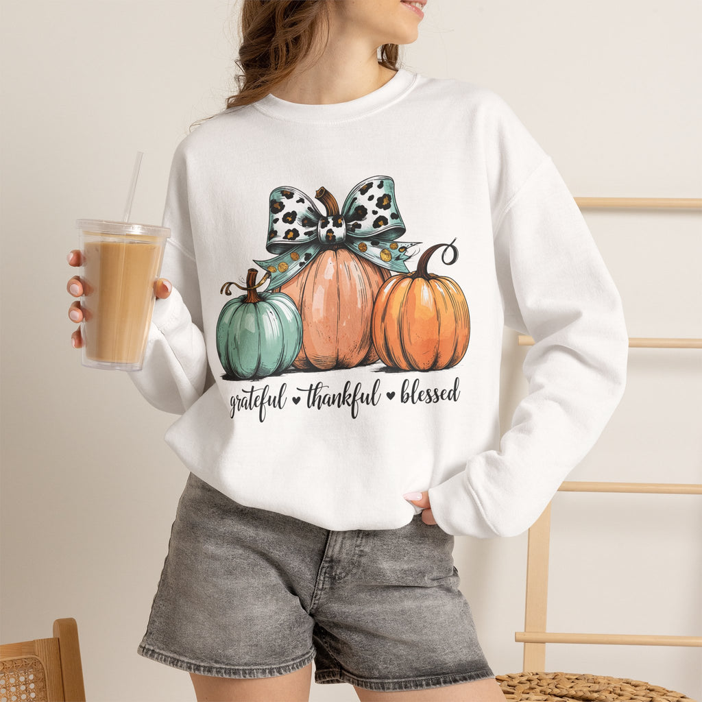 Pumpkin Trio Crewneck Sweatshirt — "Grateful • Thankful • Blessed" Fall Pullover