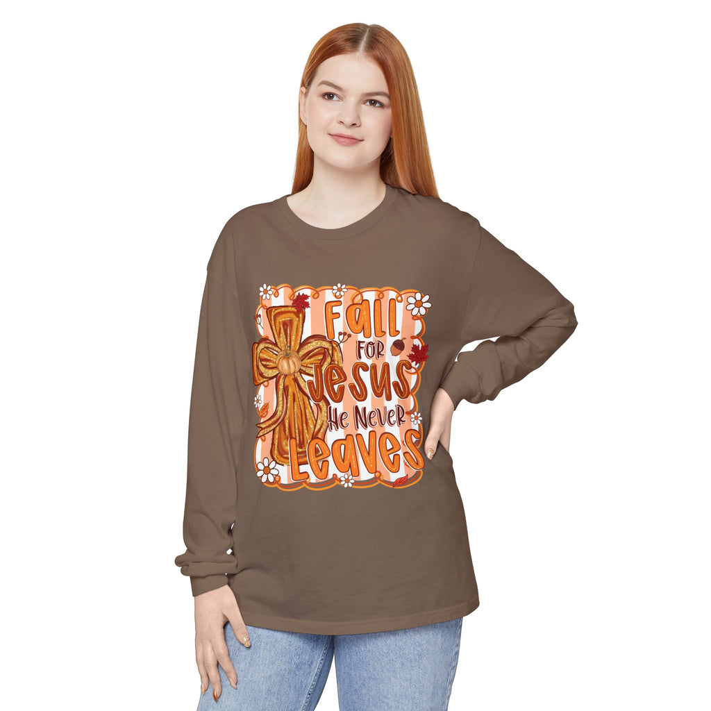 Fall For Jesus He Never Leaves Long Sleeve Tee