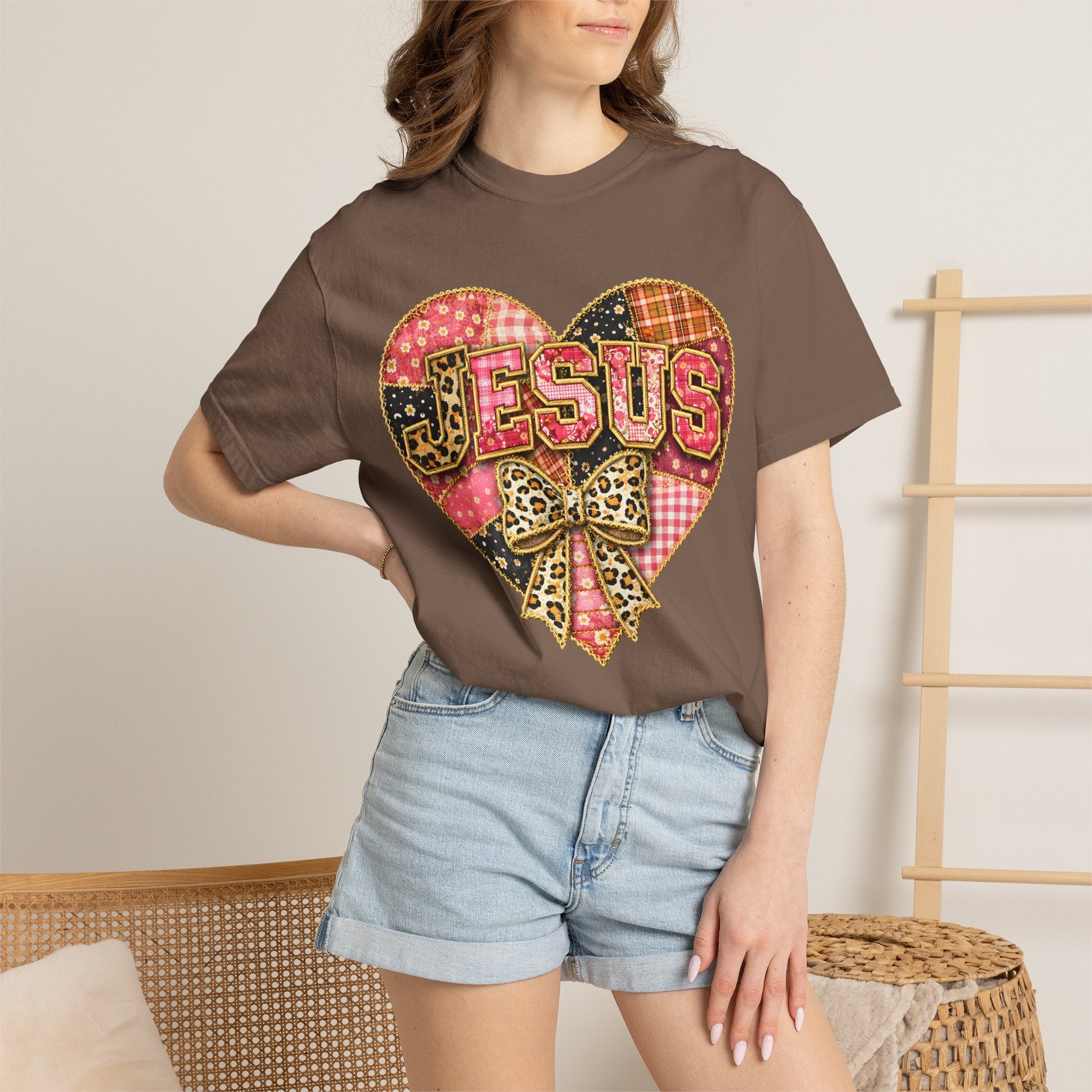 Jesus Heart T-Shirt — Patchwork Heart & Leopard Bow Christian Gospel Tee