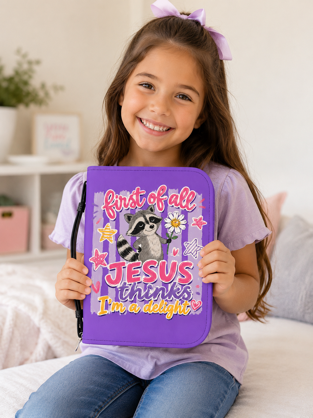 Purple Christian Bible Cover — "First of All, Jesus Thinks I’m a Delight" with Raccoon & "Be Thankful Always" Design
