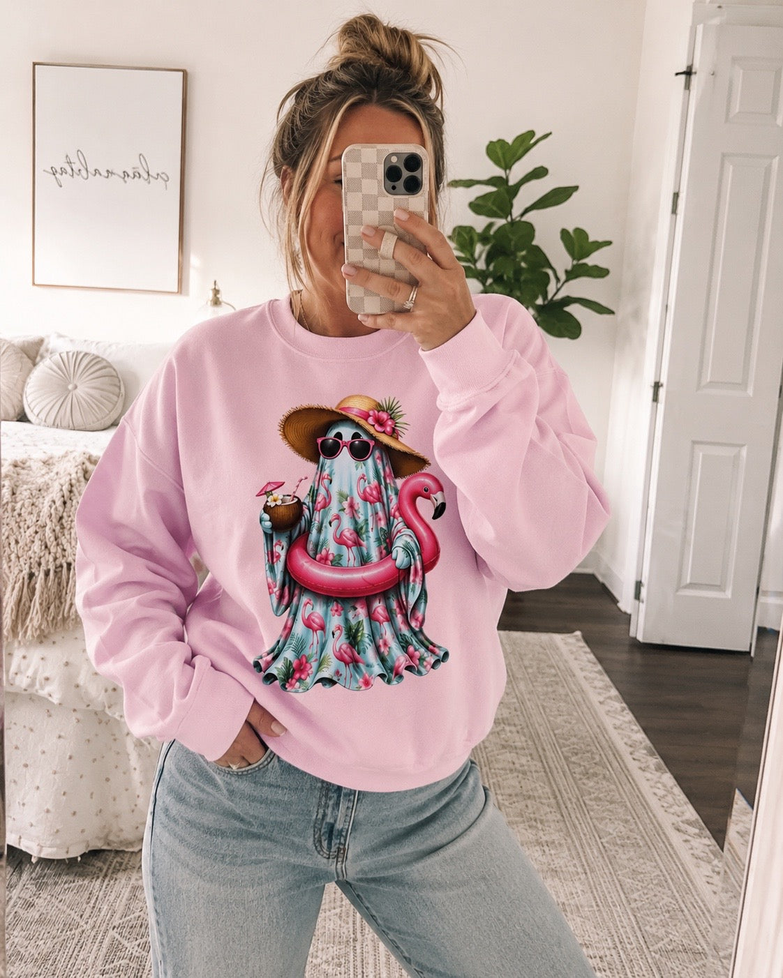Summer Ghost Beach Sweatshirt - Tropical Flamingo Float & Sun Hat Crewneck