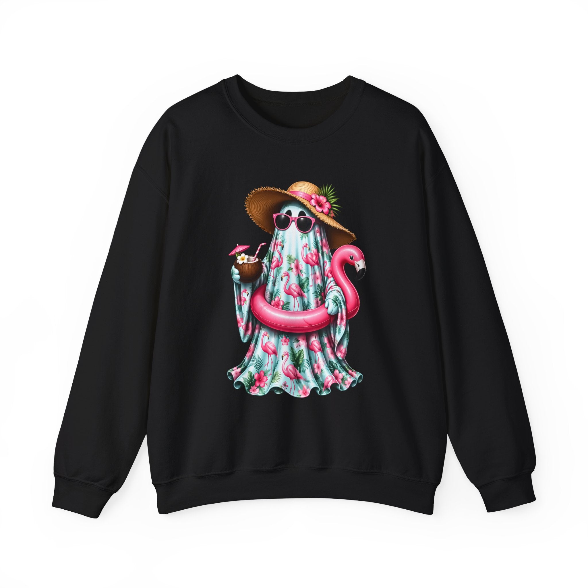 Summer Ghost Beach Sweatshirt - Tropical Flamingo Float & Sun Hat Crewneck