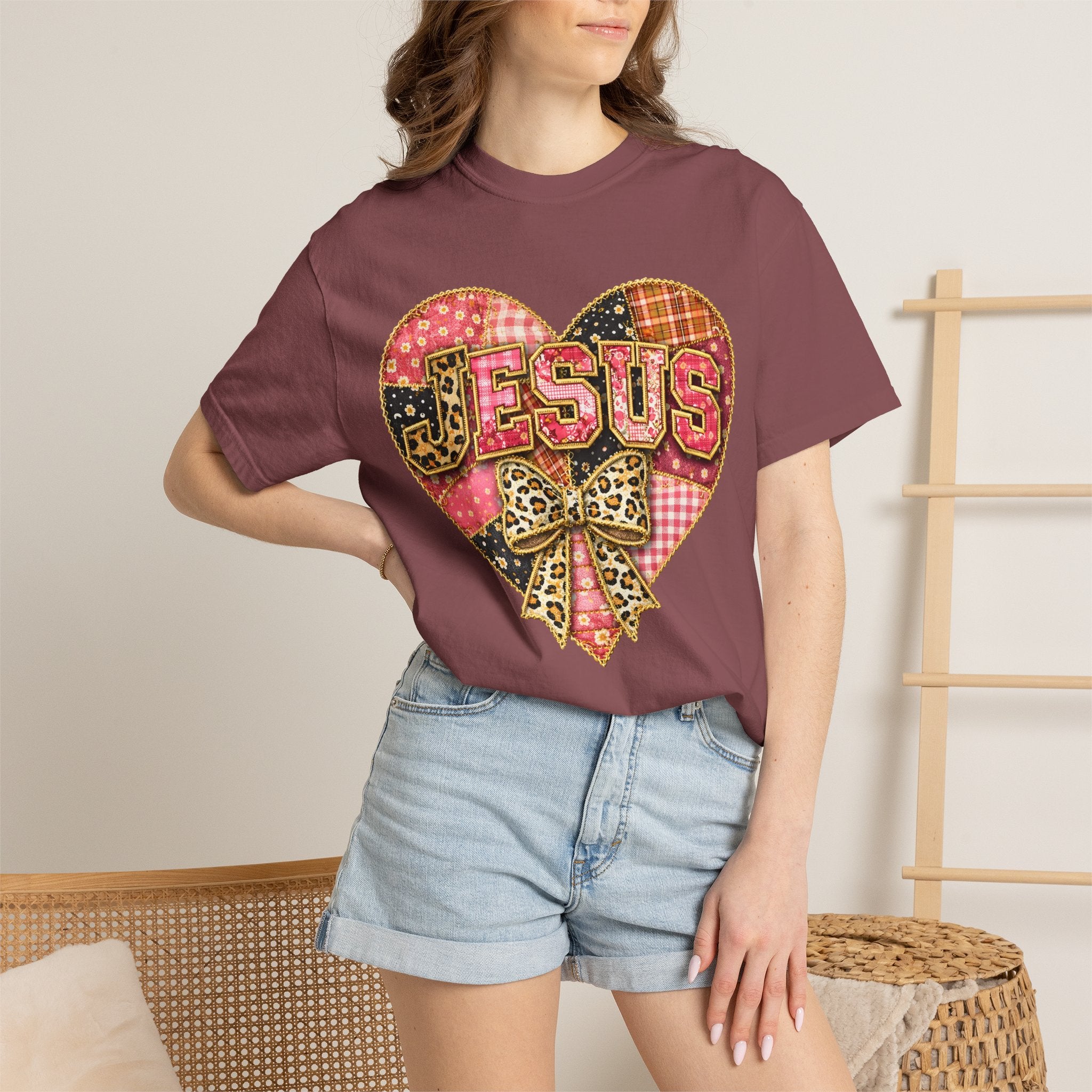 Jesus Heart T-Shirt — Patchwork Heart & Leopard Bow Christian Gospel Tee