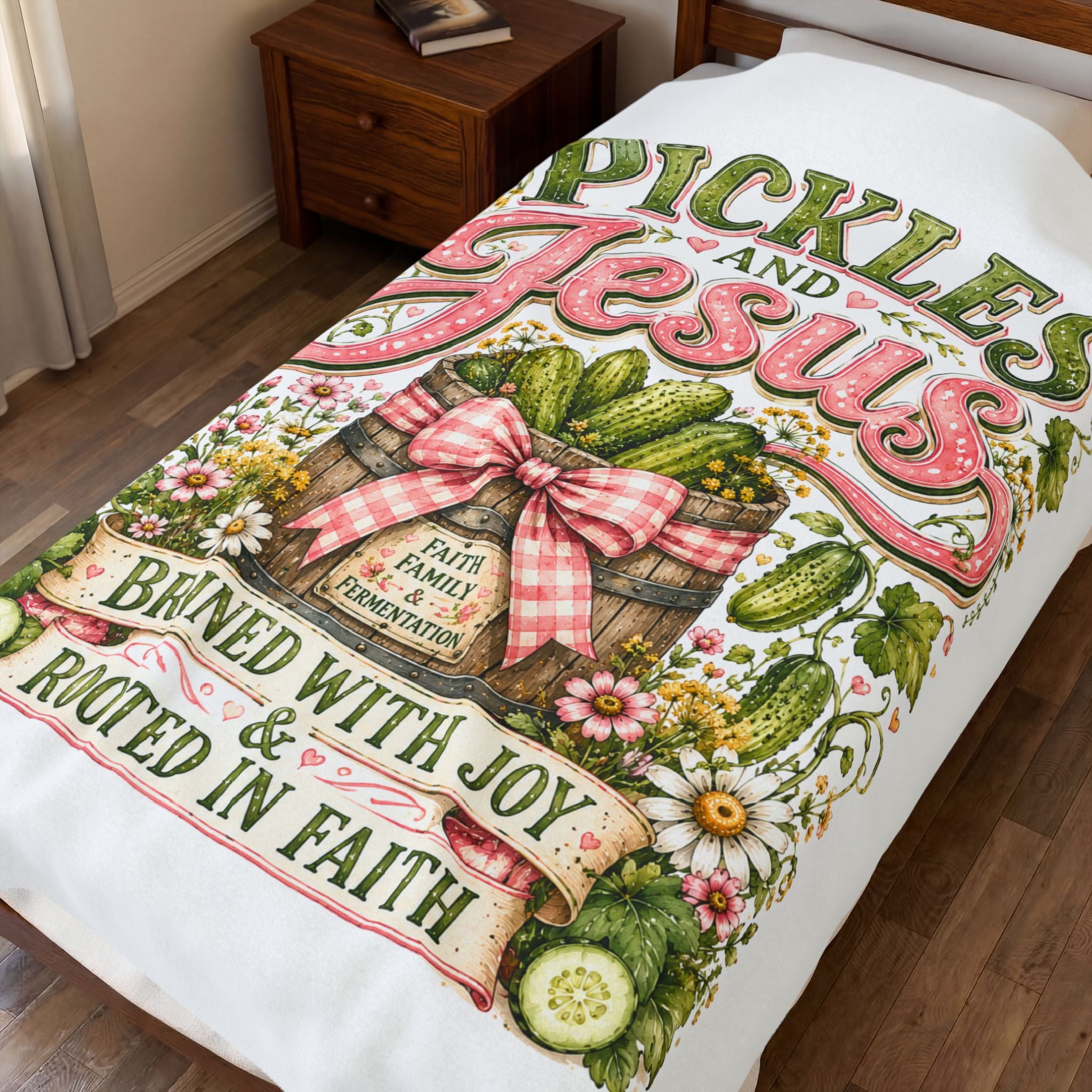 Pickles and Jesus Velveteen Plush Blanket — Brined with Joy, Rooted in Faith