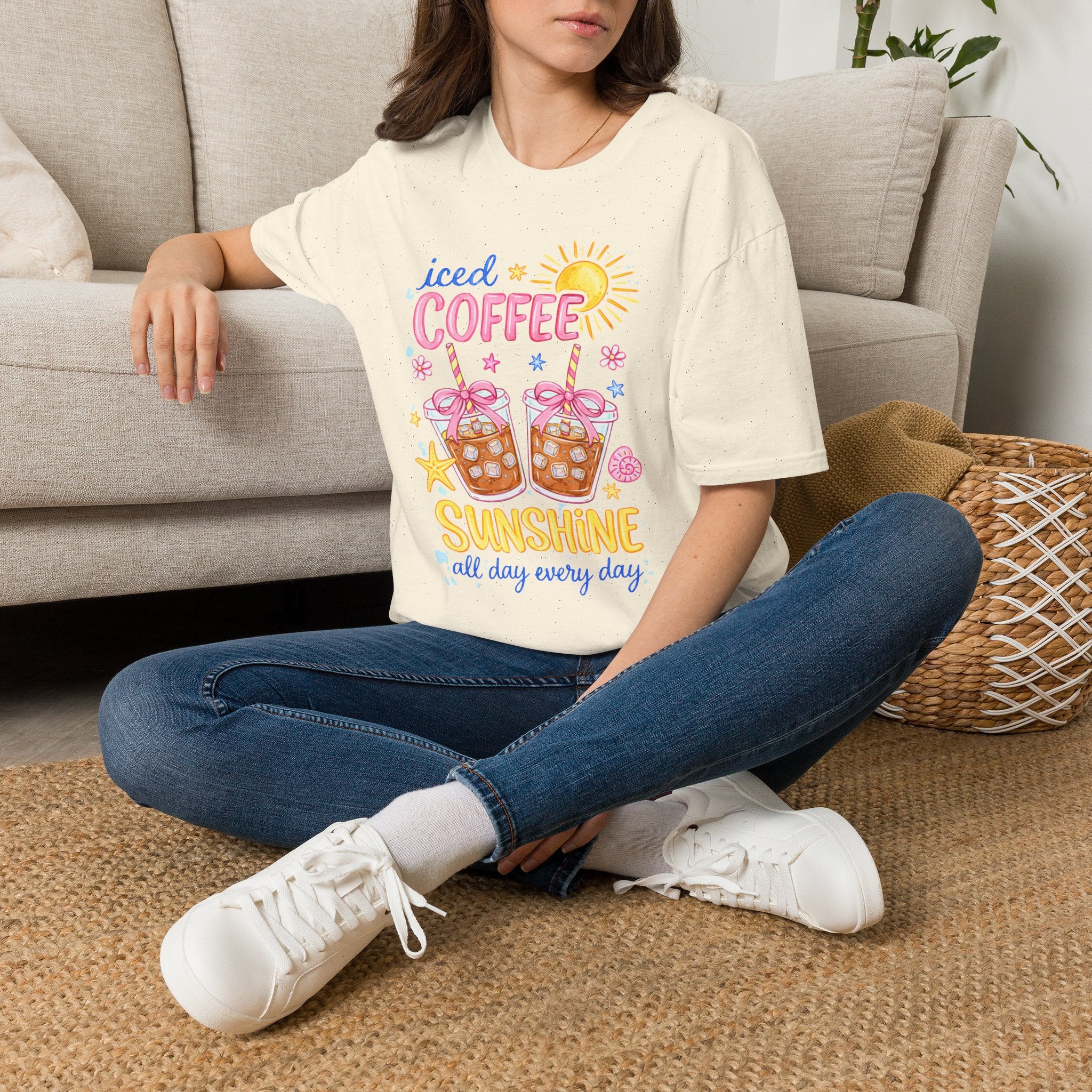 Iced Coffee Sunshine T-Shirt - 'Iced Coffee Sunshine All Day Every Day' Cute Summer Graphic Tee