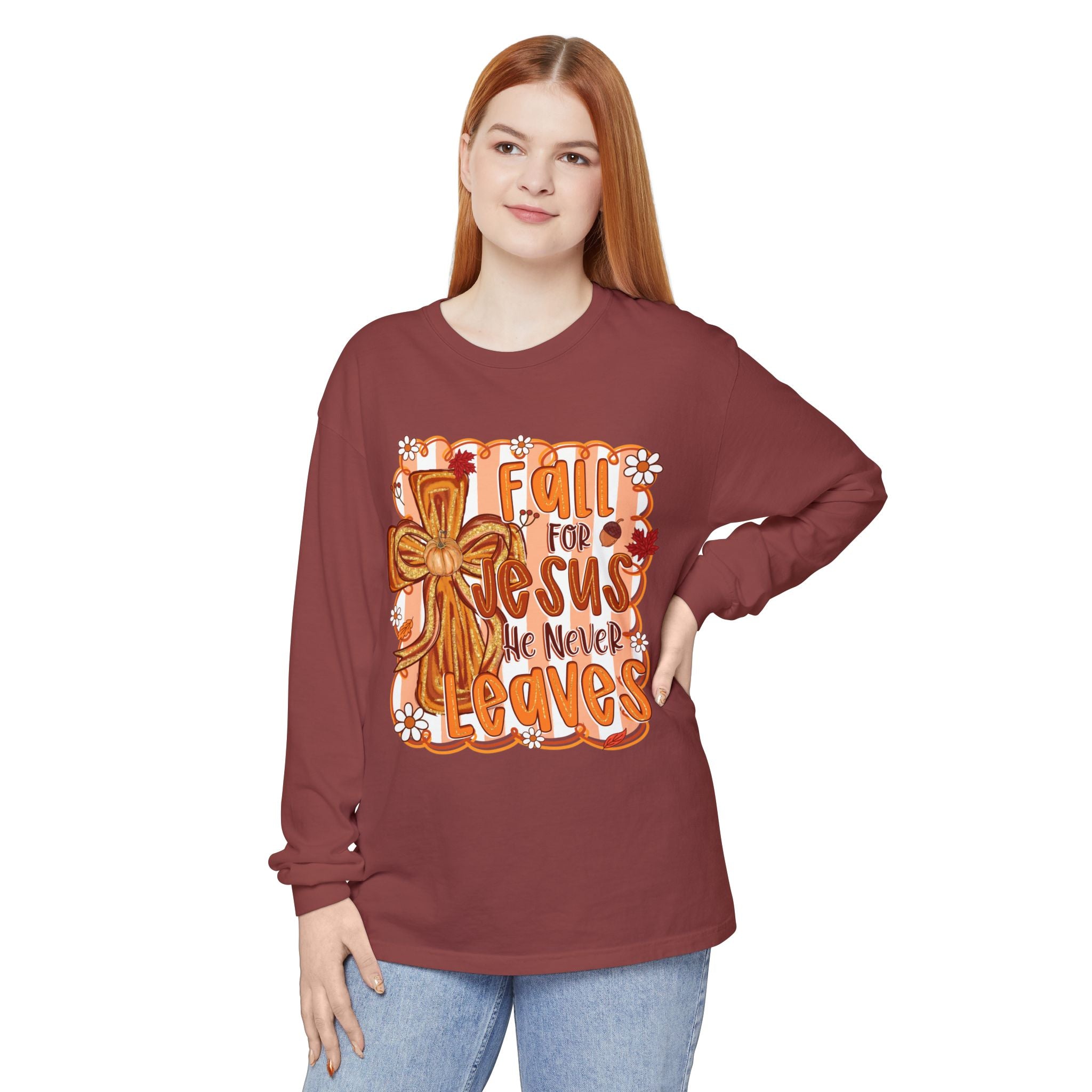 Fall For Jesus He Never Leaves Long Sleeve Tee