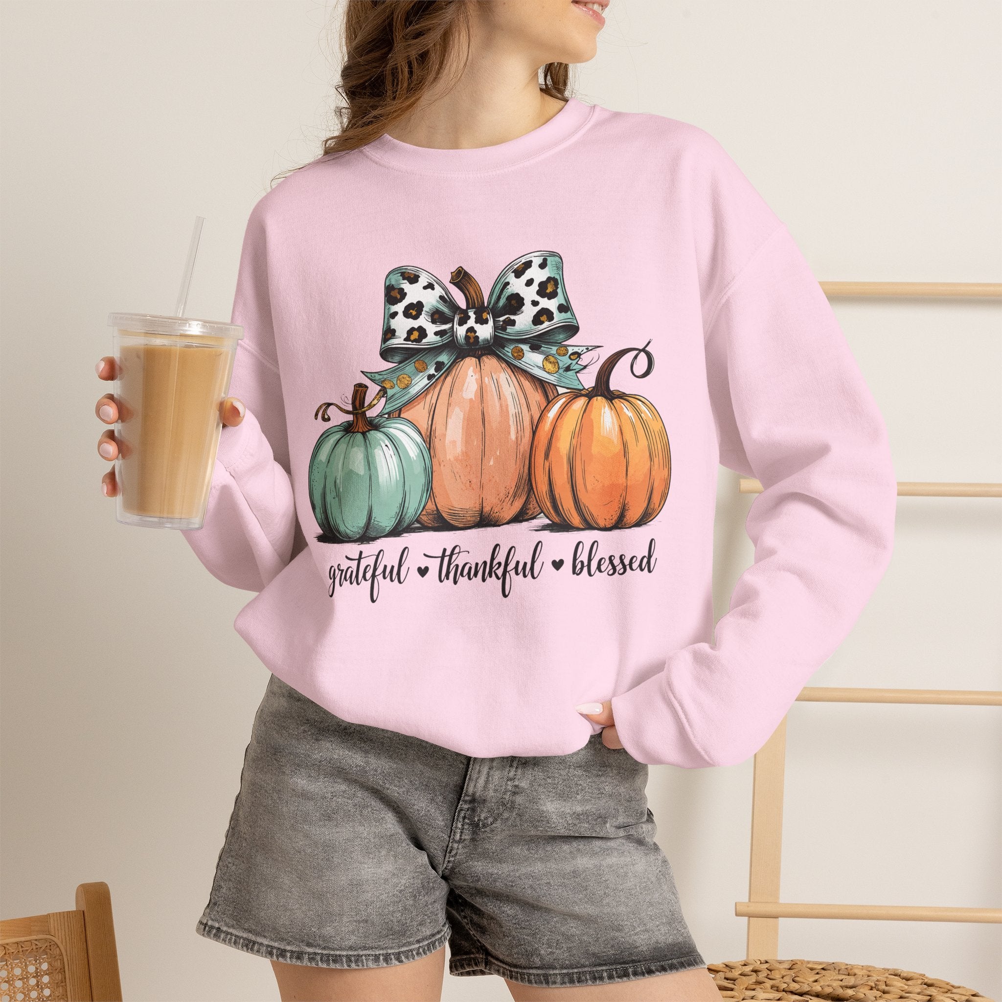 Pumpkin Trio Crewneck Sweatshirt — "Grateful • Thankful • Blessed" Fall Pullover