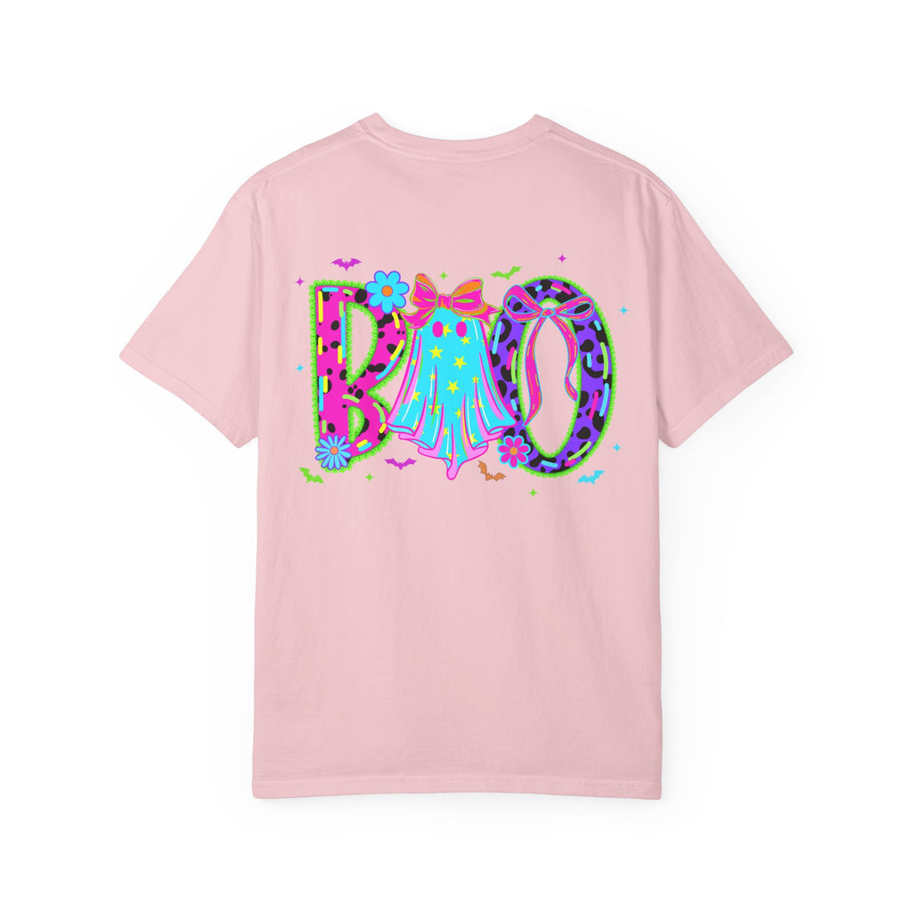 Boo Halloween Graphic T-Shirt — Cute Pastel Ghost & Bow Tee