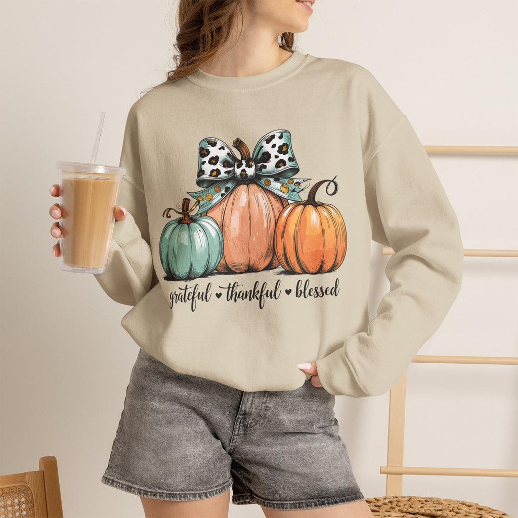 Pumpkin Trio Crewneck Sweatshirt — "Grateful • Thankful • Blessed" Fall Pullover