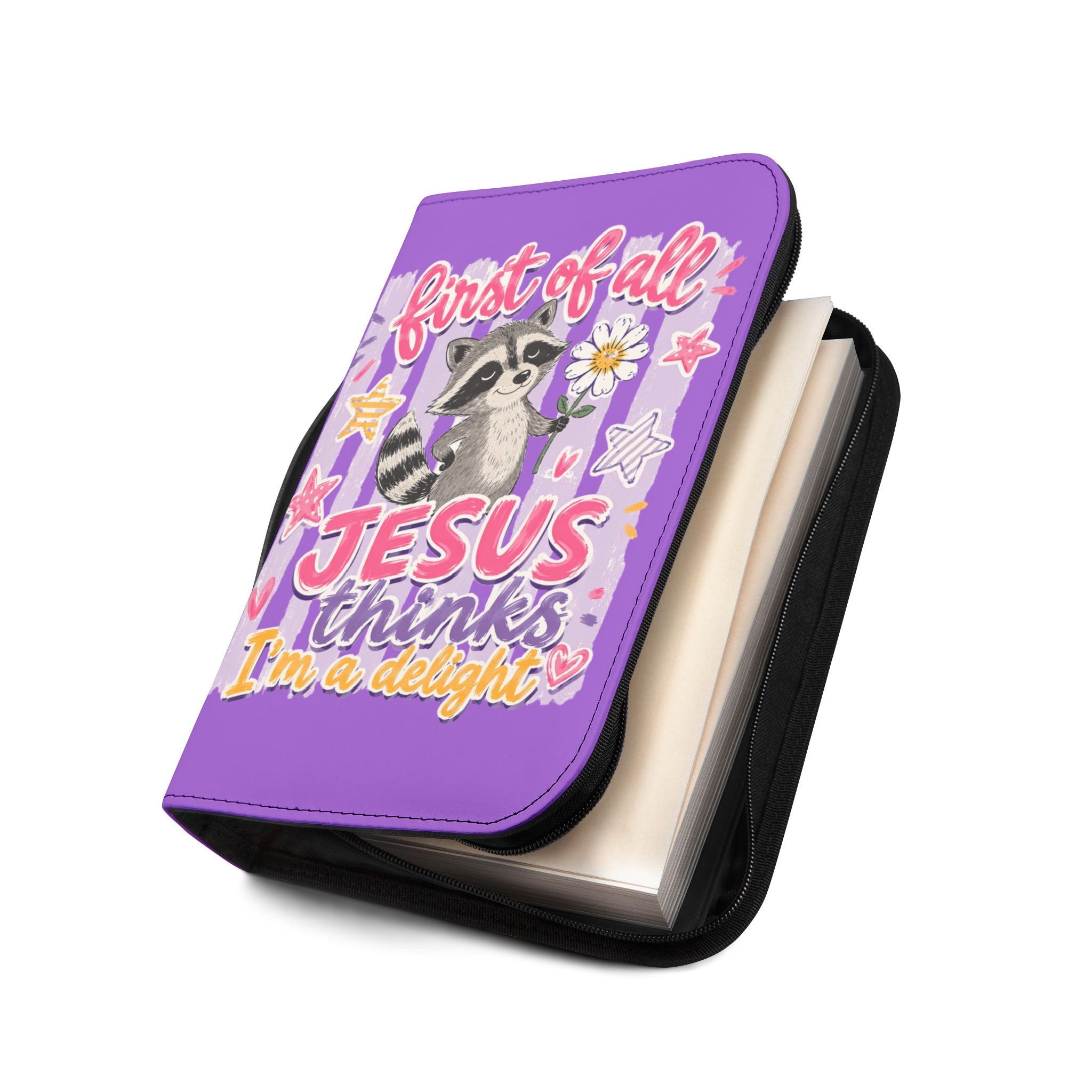 Purple Christian Bible Cover — "First of All, Jesus Thinks I’m a Delight" with Raccoon & "Be Thankful Always" Design