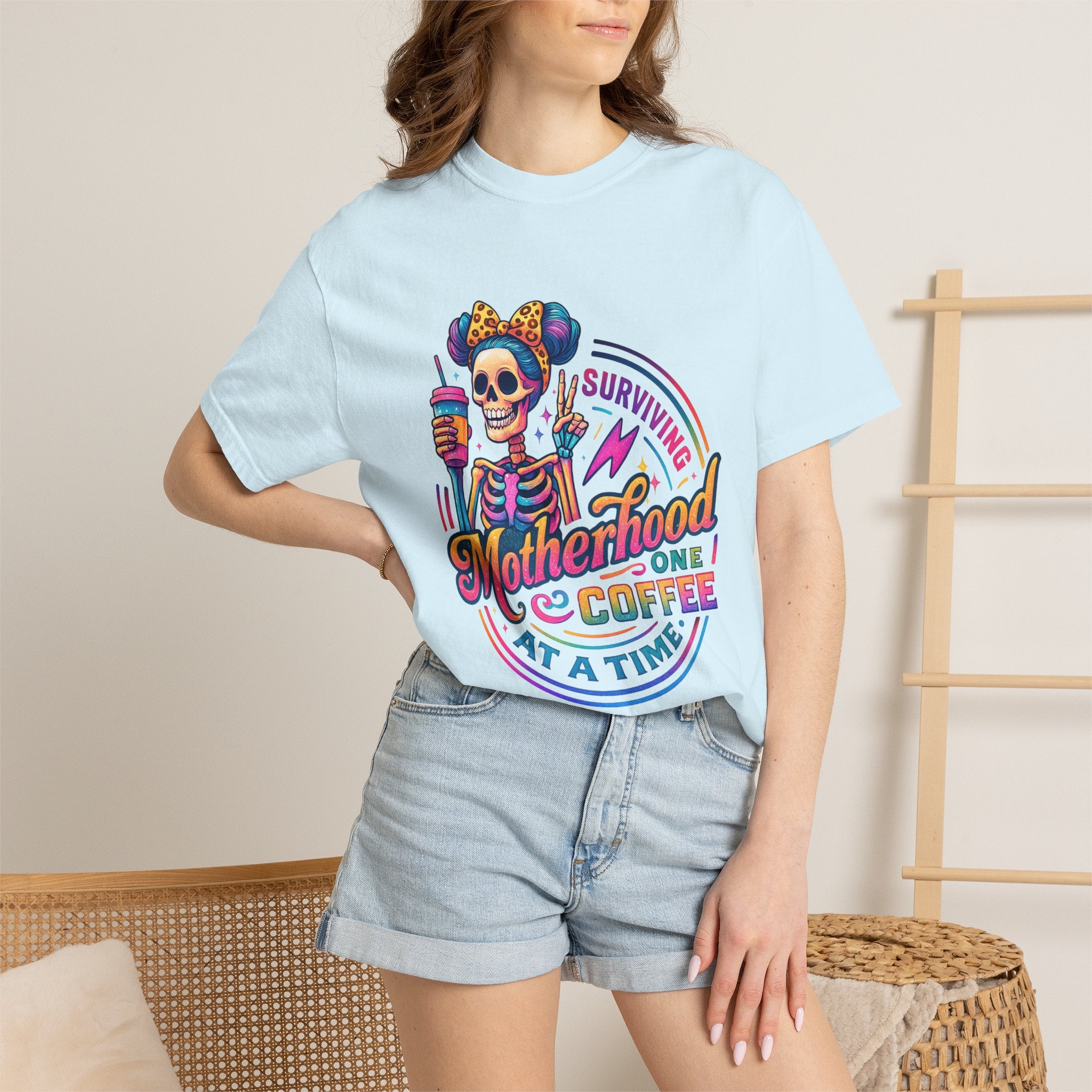 Motherhood One Coffee at a Time T-Shirt — Funny Skeleton Mom Coffee Tee