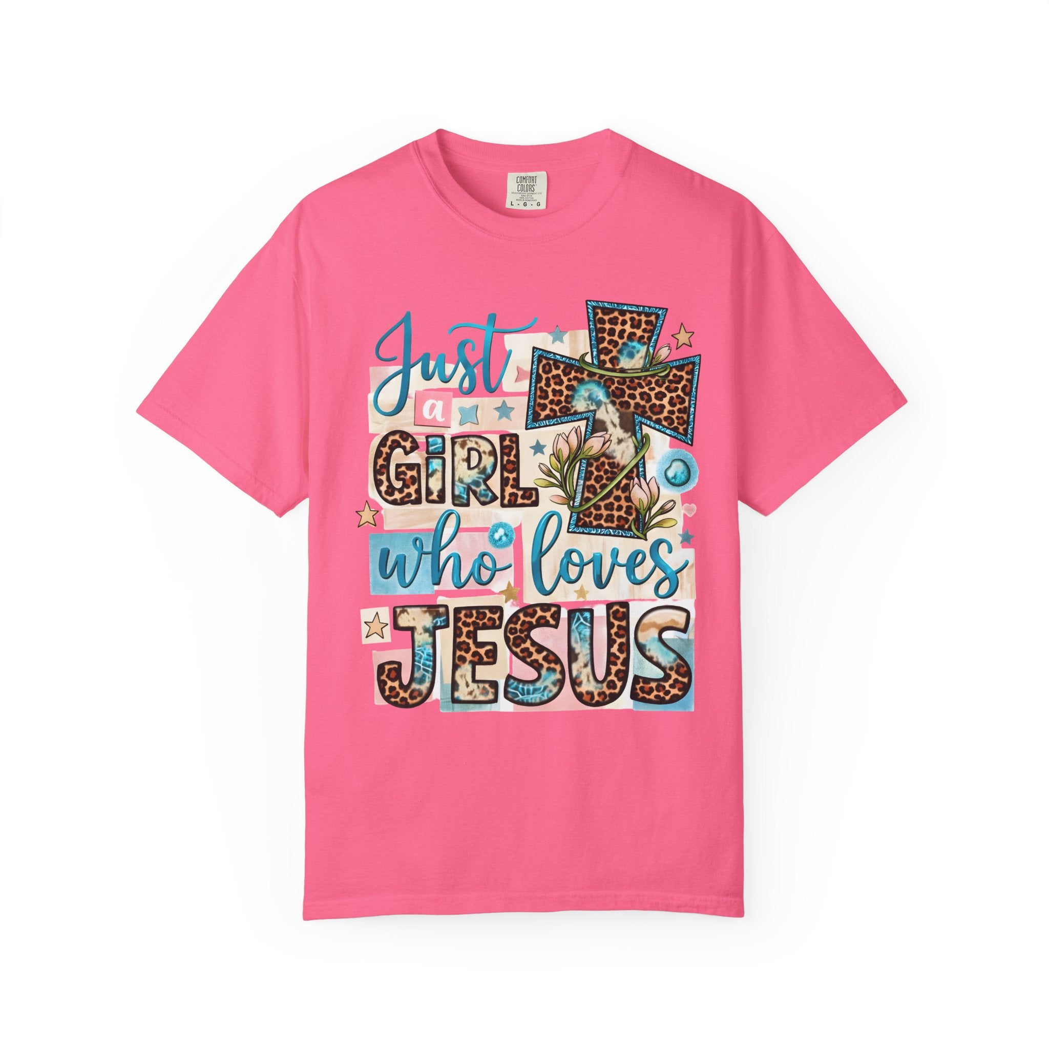 Christian Leopard Cross T-Shirt — "Just a Girl Who Loves Jesus" Graphic