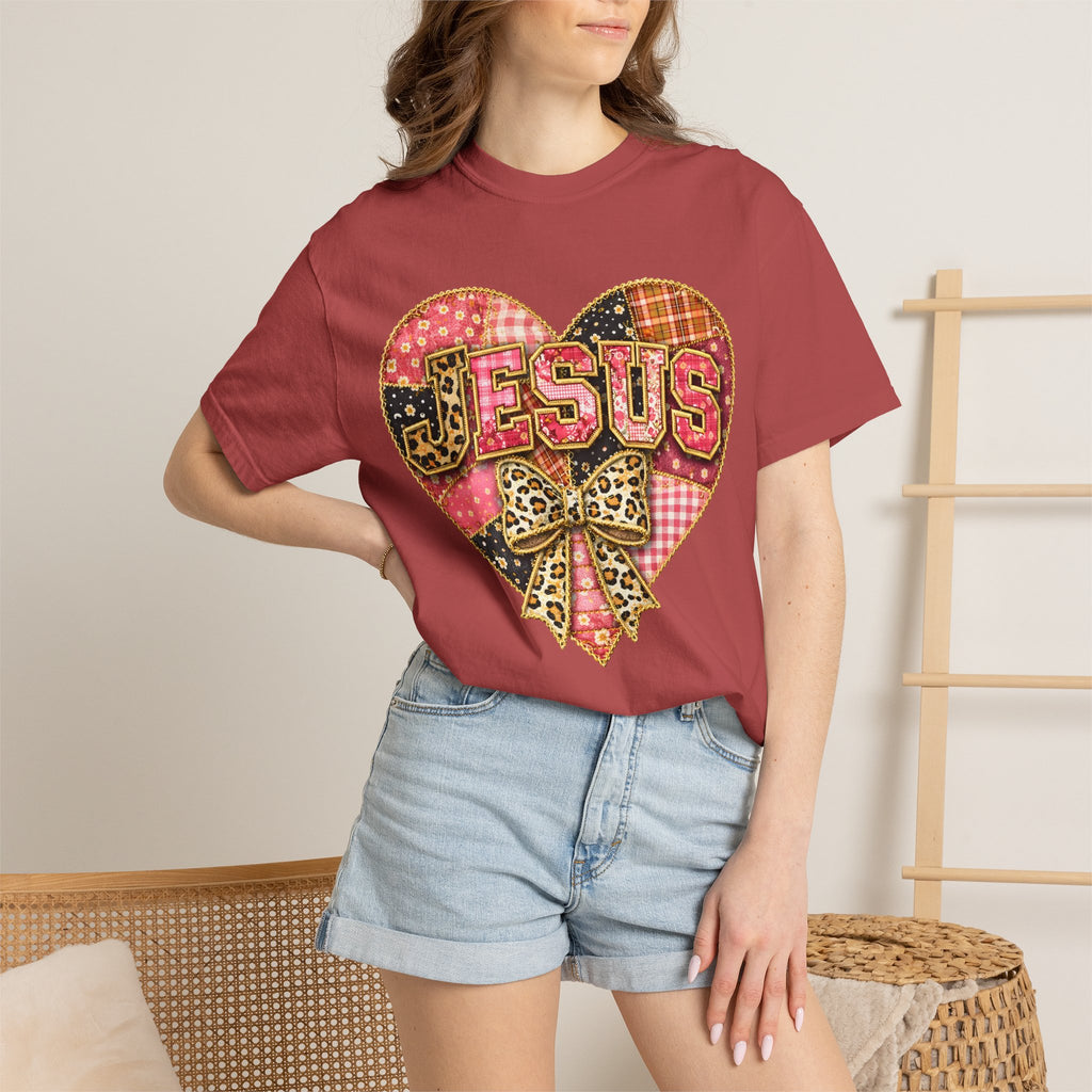 Jesus Heart T-Shirt — Patchwork Heart & Leopard Bow Christian Gospel Tee
