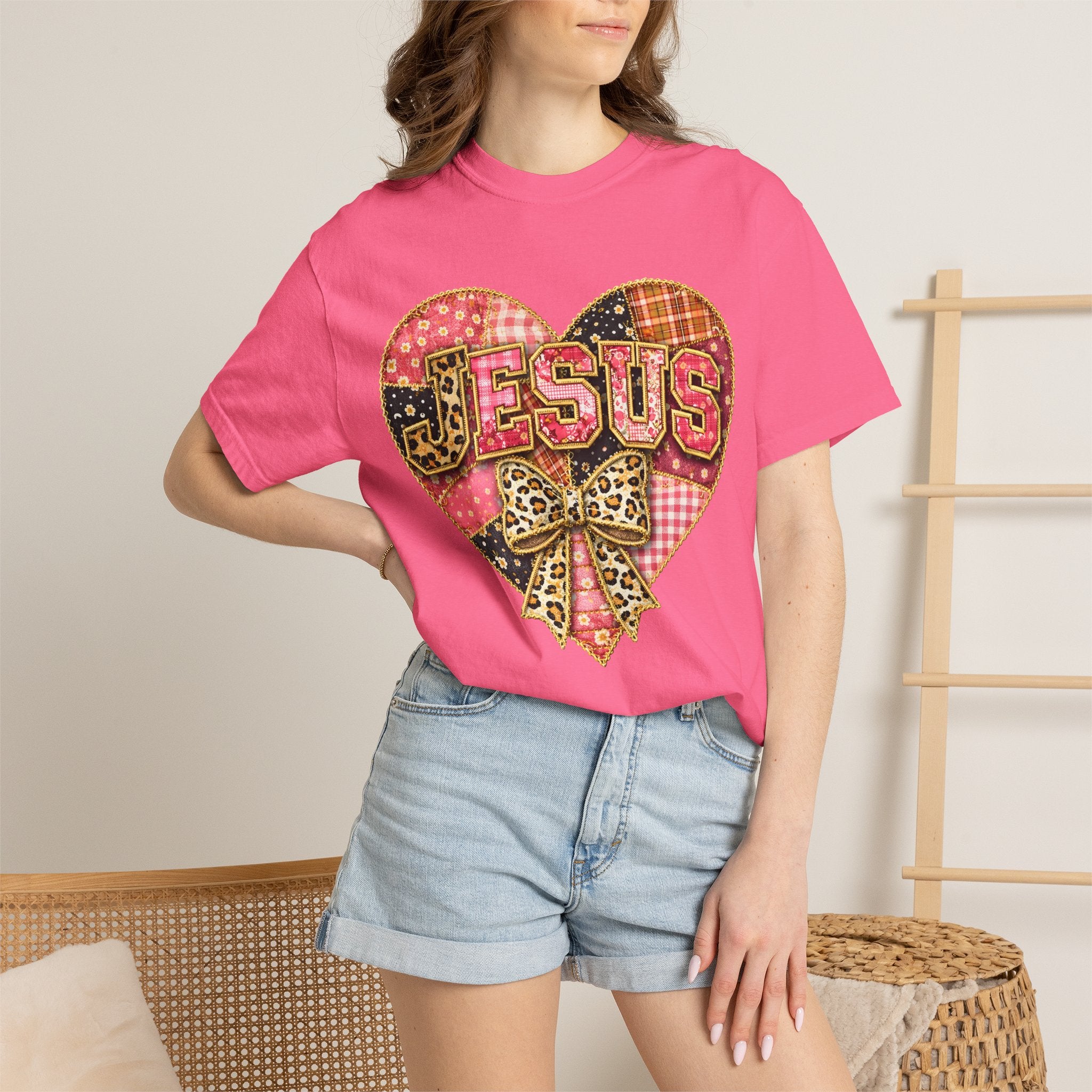 Jesus Heart T-Shirt — Patchwork Heart & Leopard Bow Christian Gospel Tee