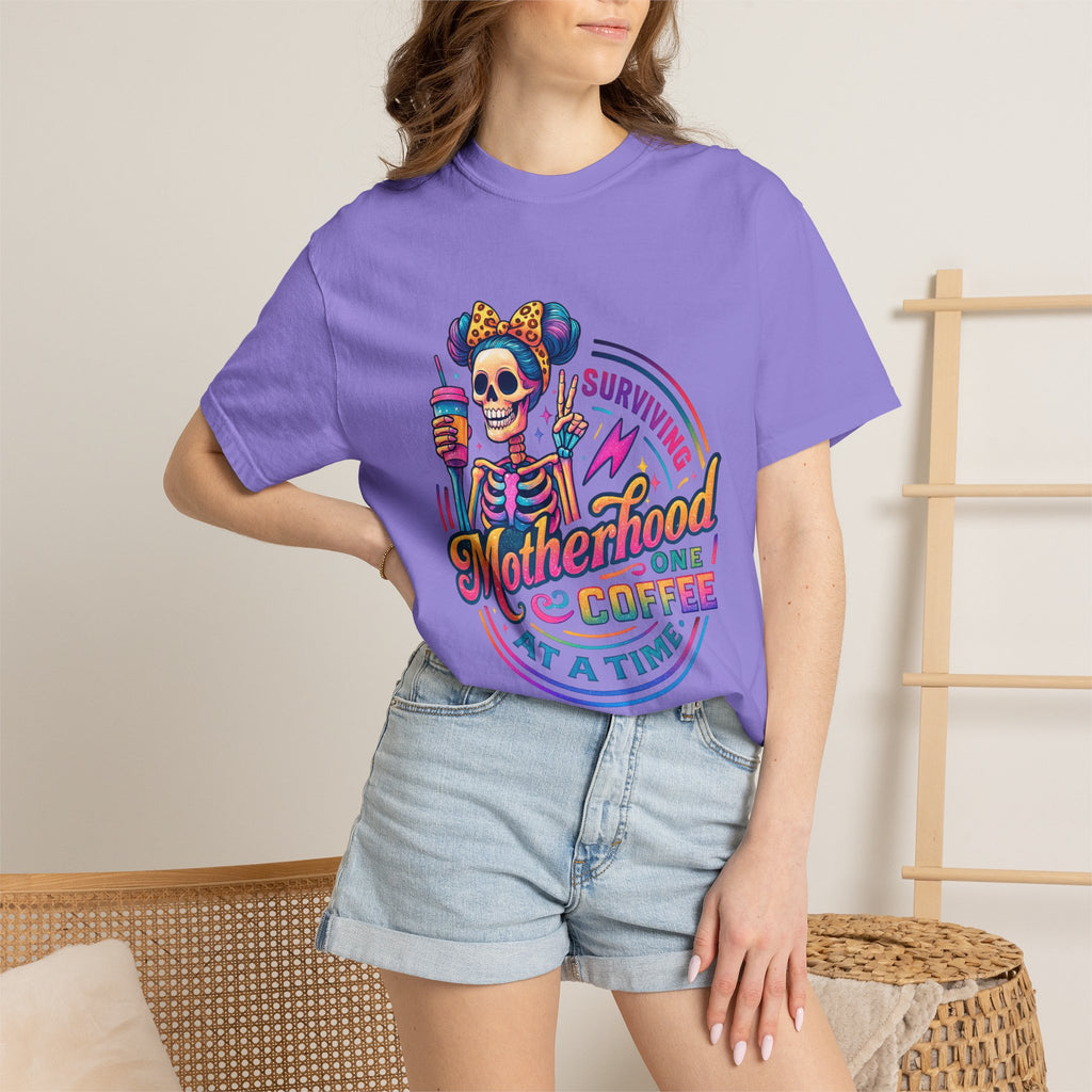 Motherhood One Coffee at a Time T-Shirt — Funny Skeleton Mom Coffee Tee