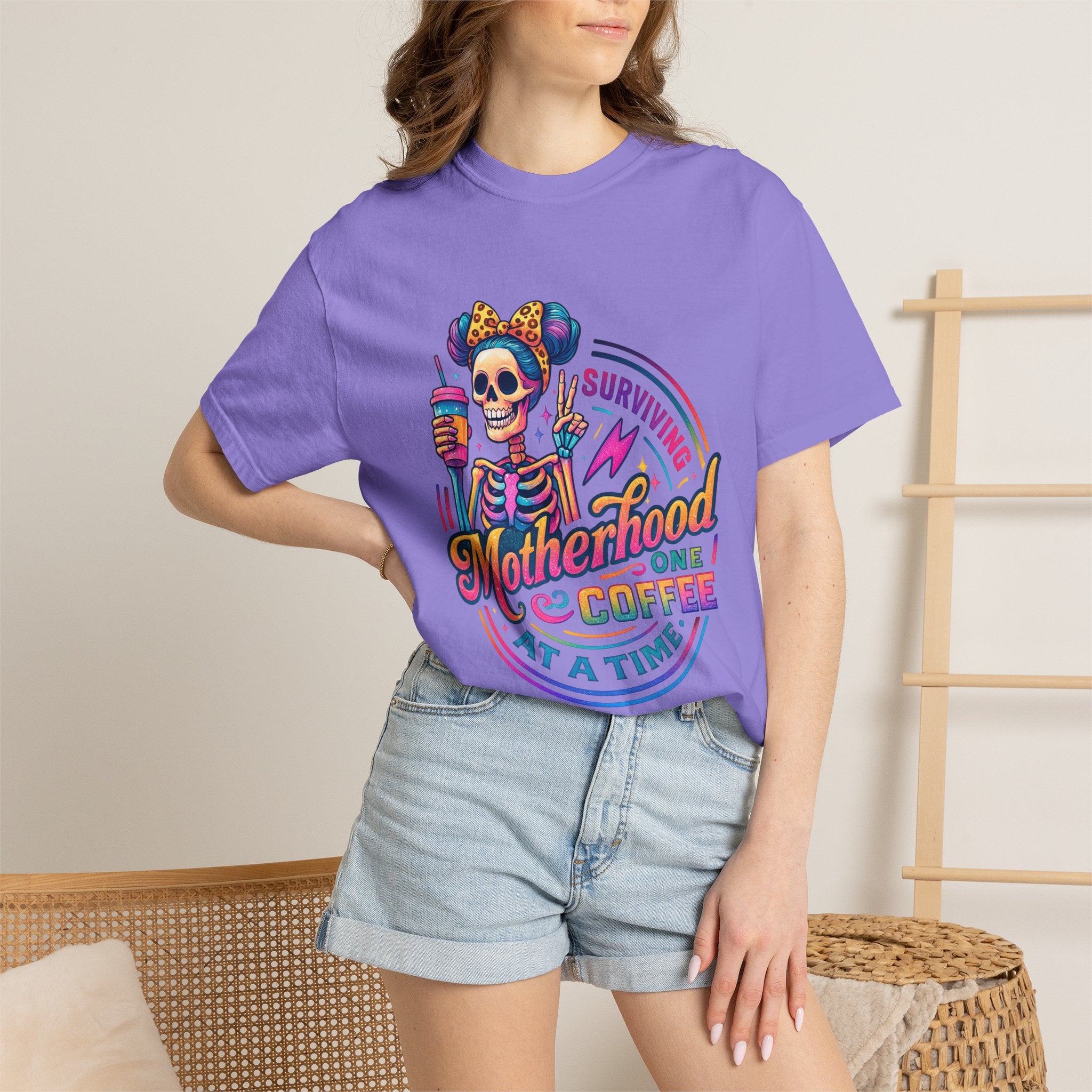 Motherhood One Coffee at a Time T-Shirt — Funny Skeleton Mom Coffee Tee