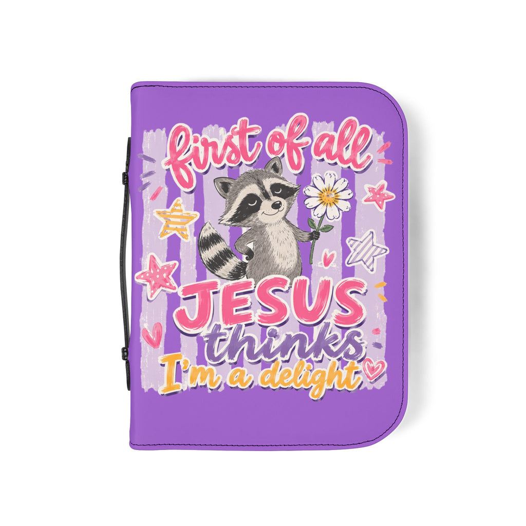 Purple Christian Bible Cover — "First of All, Jesus Thinks I’m a Delight" with Raccoon & "Be Thankful Always" Design