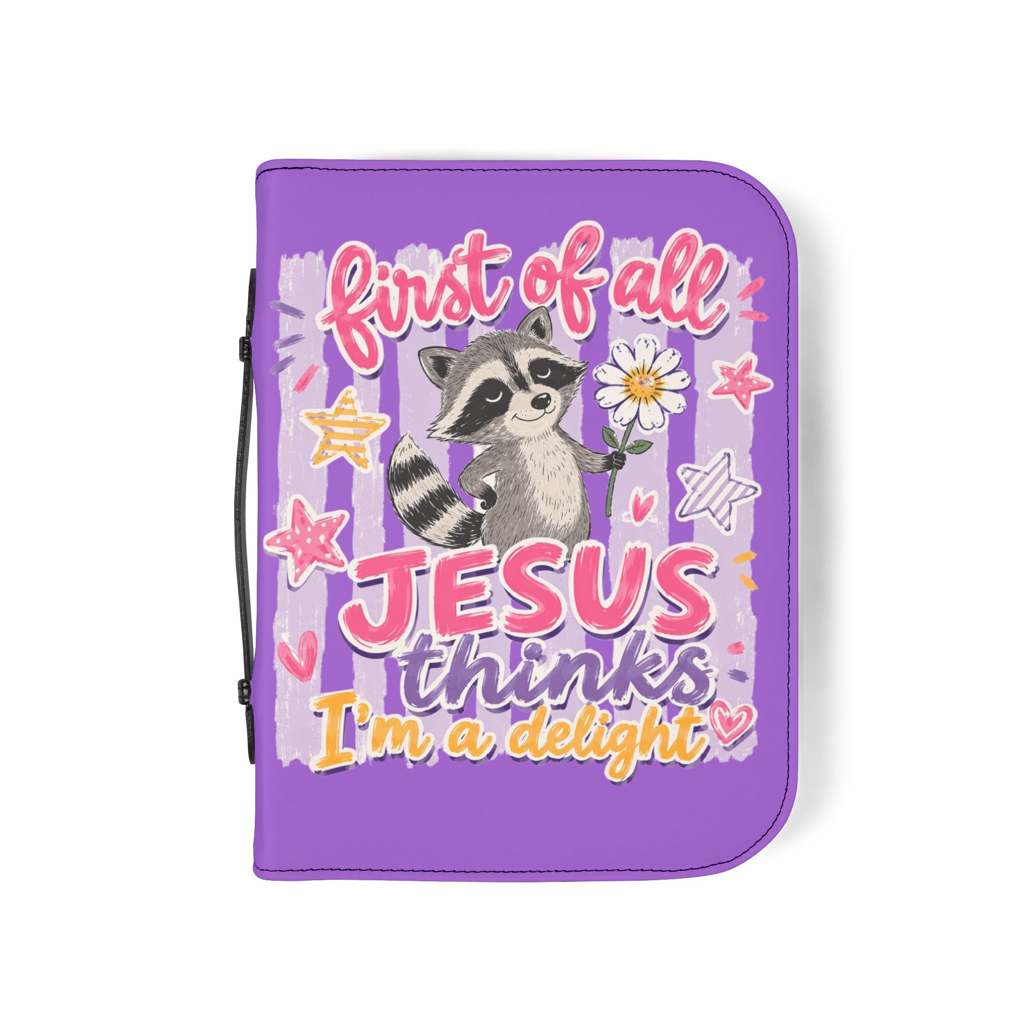 Purple Christian Bible Cover — "First of All, Jesus Thinks I’m a Delight" with Raccoon & "Be Thankful Always" Design