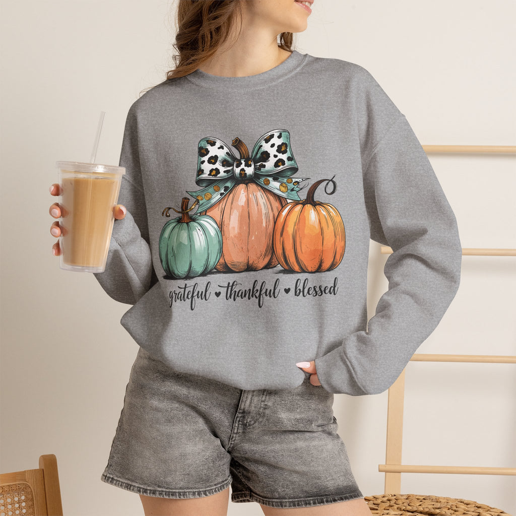 Pumpkin Trio Crewneck Sweatshirt — "Grateful • Thankful • Blessed" Fall Pullover