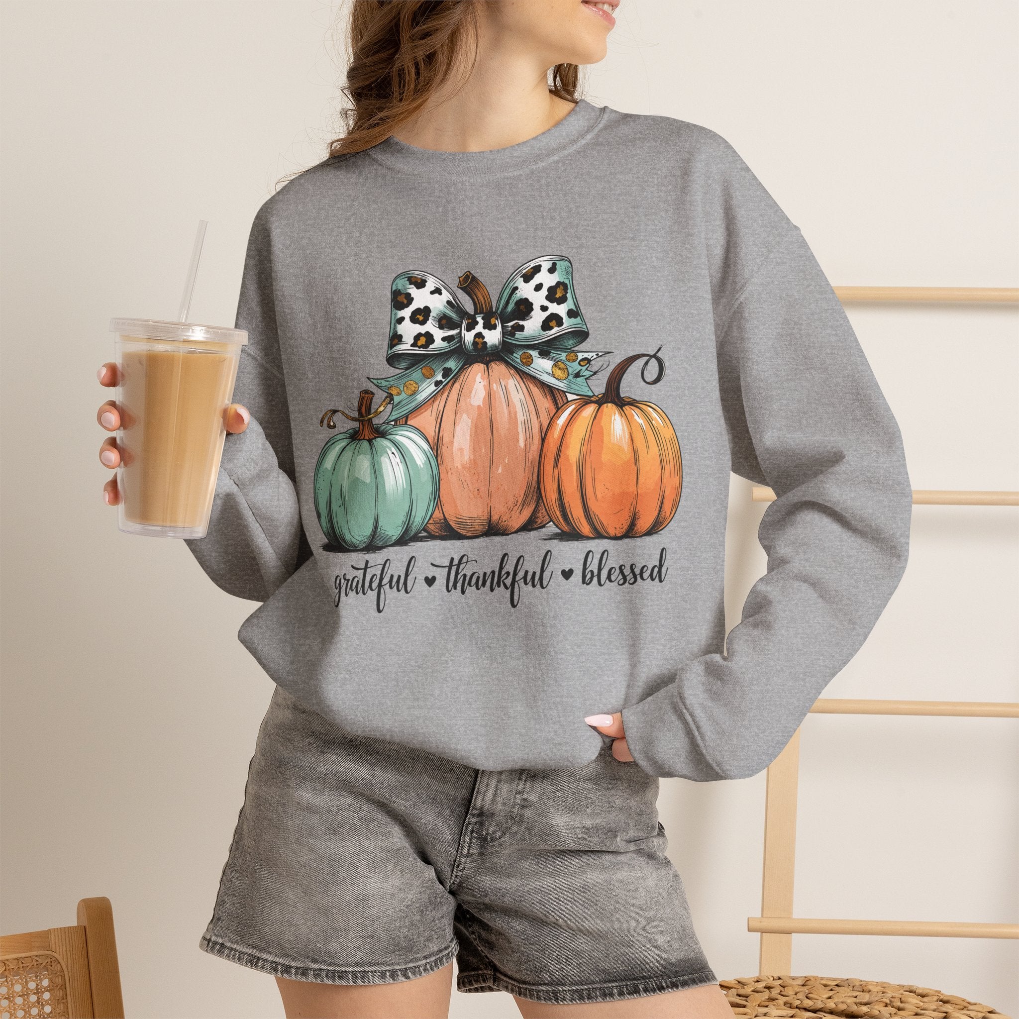 Pumpkin Trio Crewneck Sweatshirt — "Grateful • Thankful • Blessed" Fall Pullover