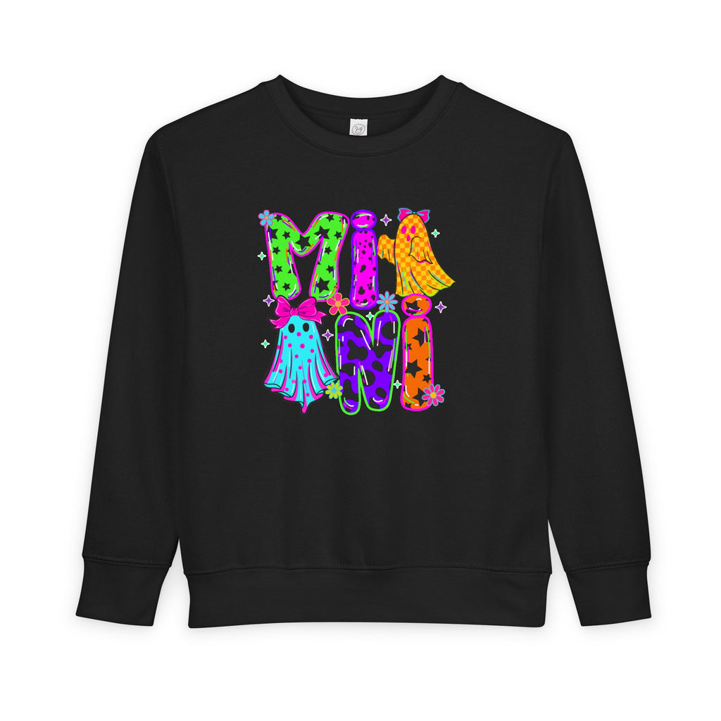 Toddler Sweatshirt — "Mini Monster" Colorful Halloween Ghosts Graphic